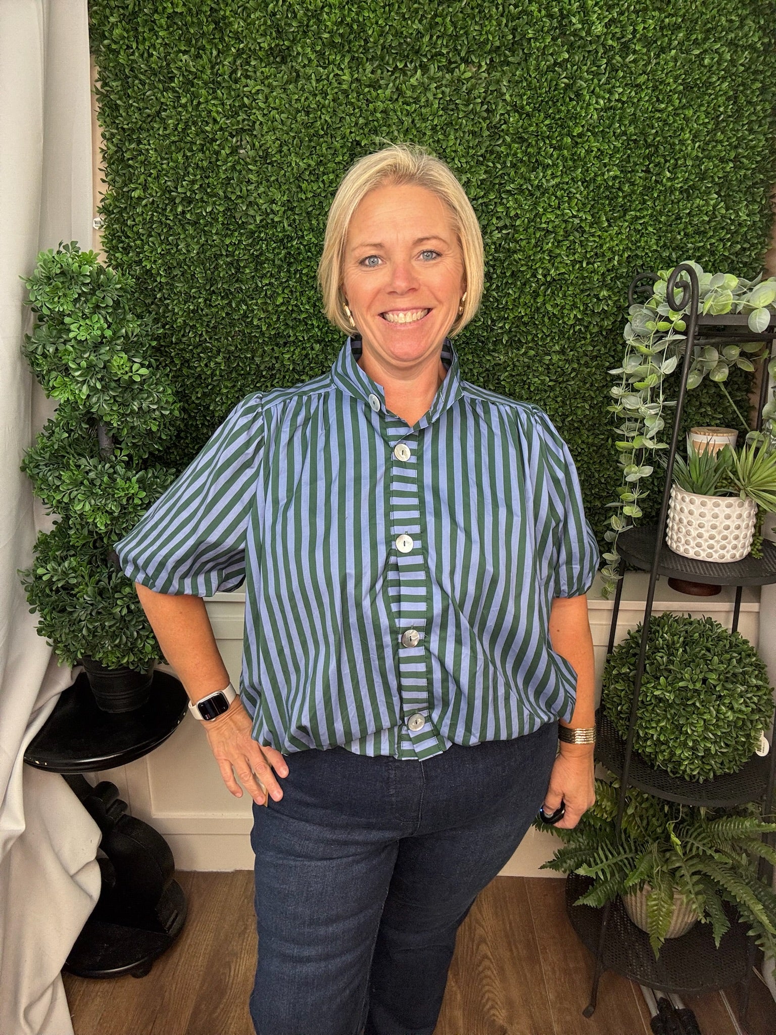 STRIPED PUFF SLEEVE BLOUSE - H GREEN BLUE