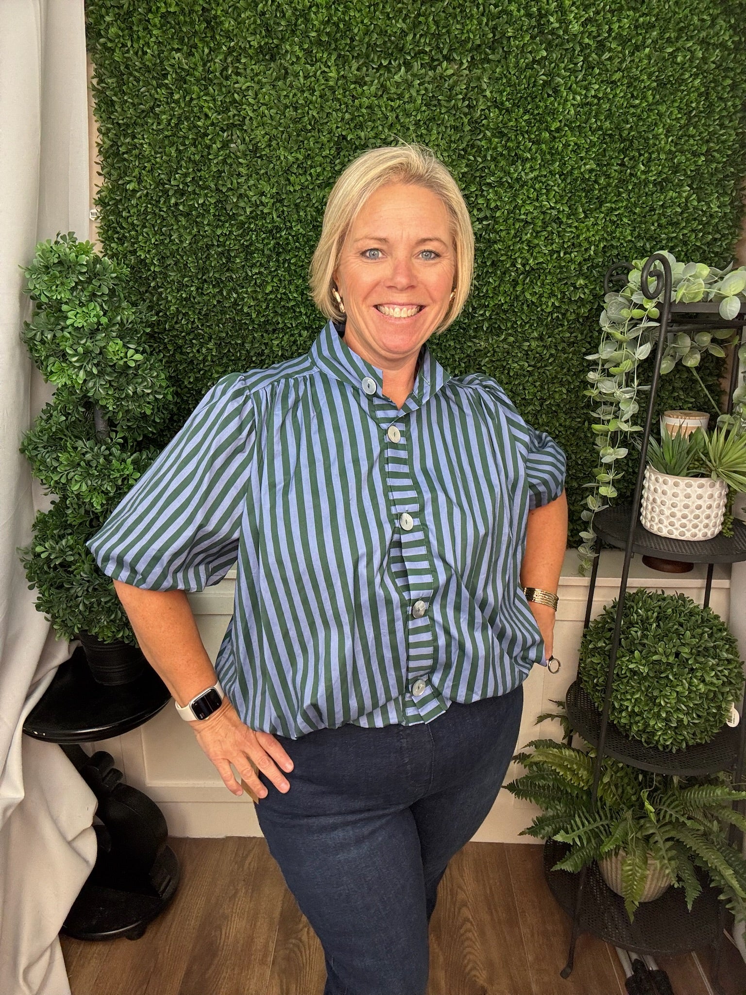 STRIPED PUFF SLEEVE BLOUSE - H GREEN BLUE