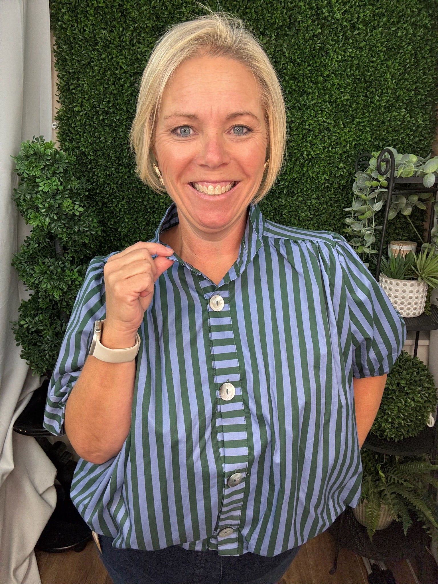 STRIPED PUFF SLEEVE BLOUSE - H GREEN BLUE