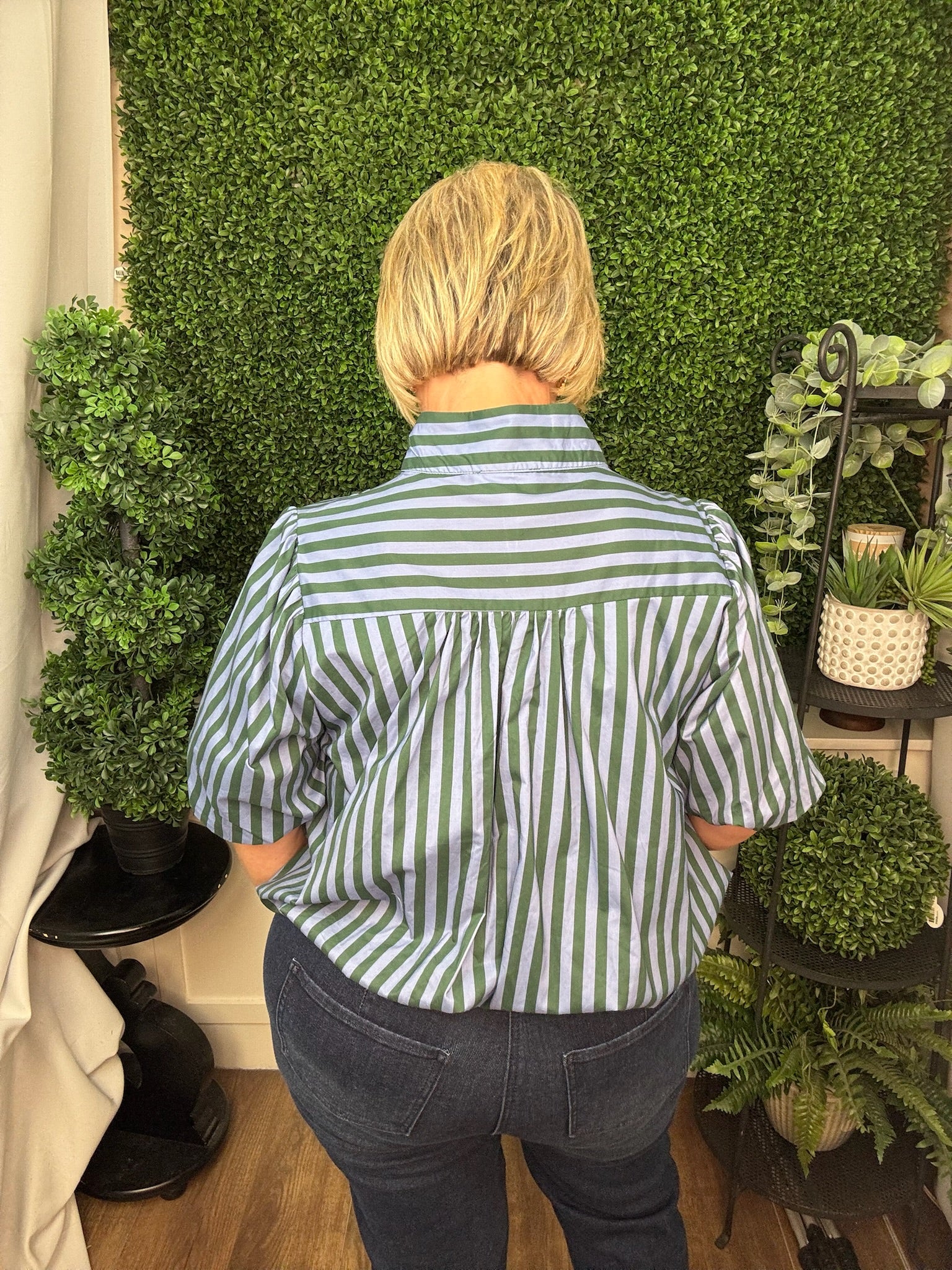 STRIPED PUFF SLEEVE BLOUSE - H GREEN BLUE