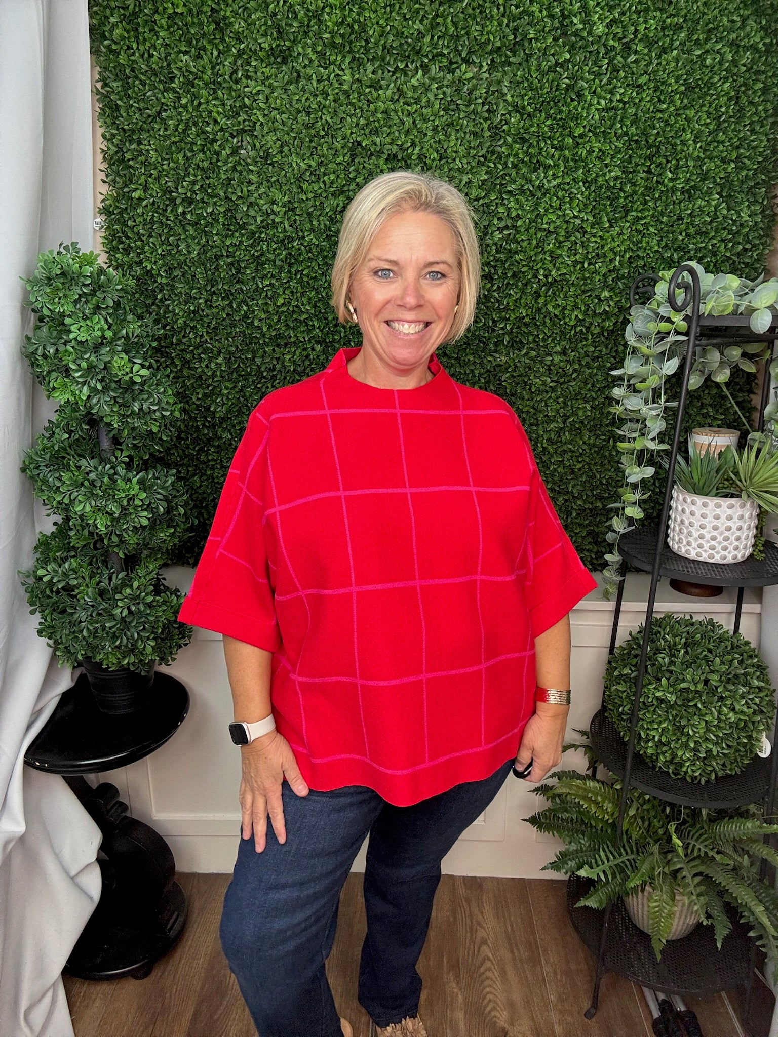 LONG SLEEVE CREW NECK WINDOWPANE PLAID SWEATER - RED