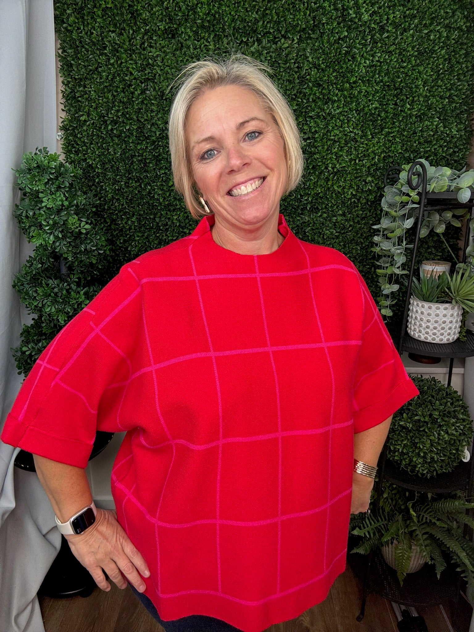 LONG SLEEVE CREW NECK WINDOWPANE PLAID SWEATER - RED