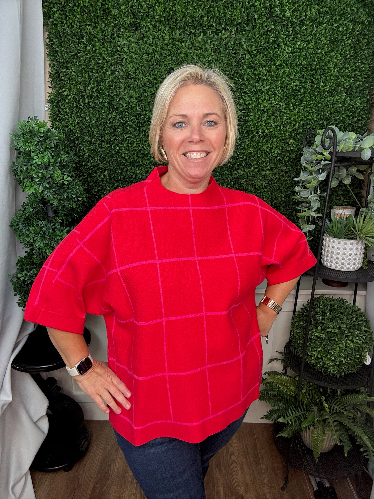 LONG SLEEVE CREW NECK WINDOWPANE PLAID SWEATER - RED