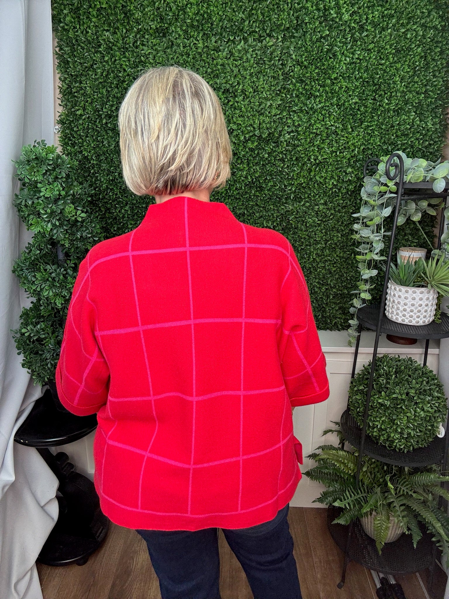 LONG SLEEVE CREW NECK WINDOWPANE PLAID SWEATER - RED