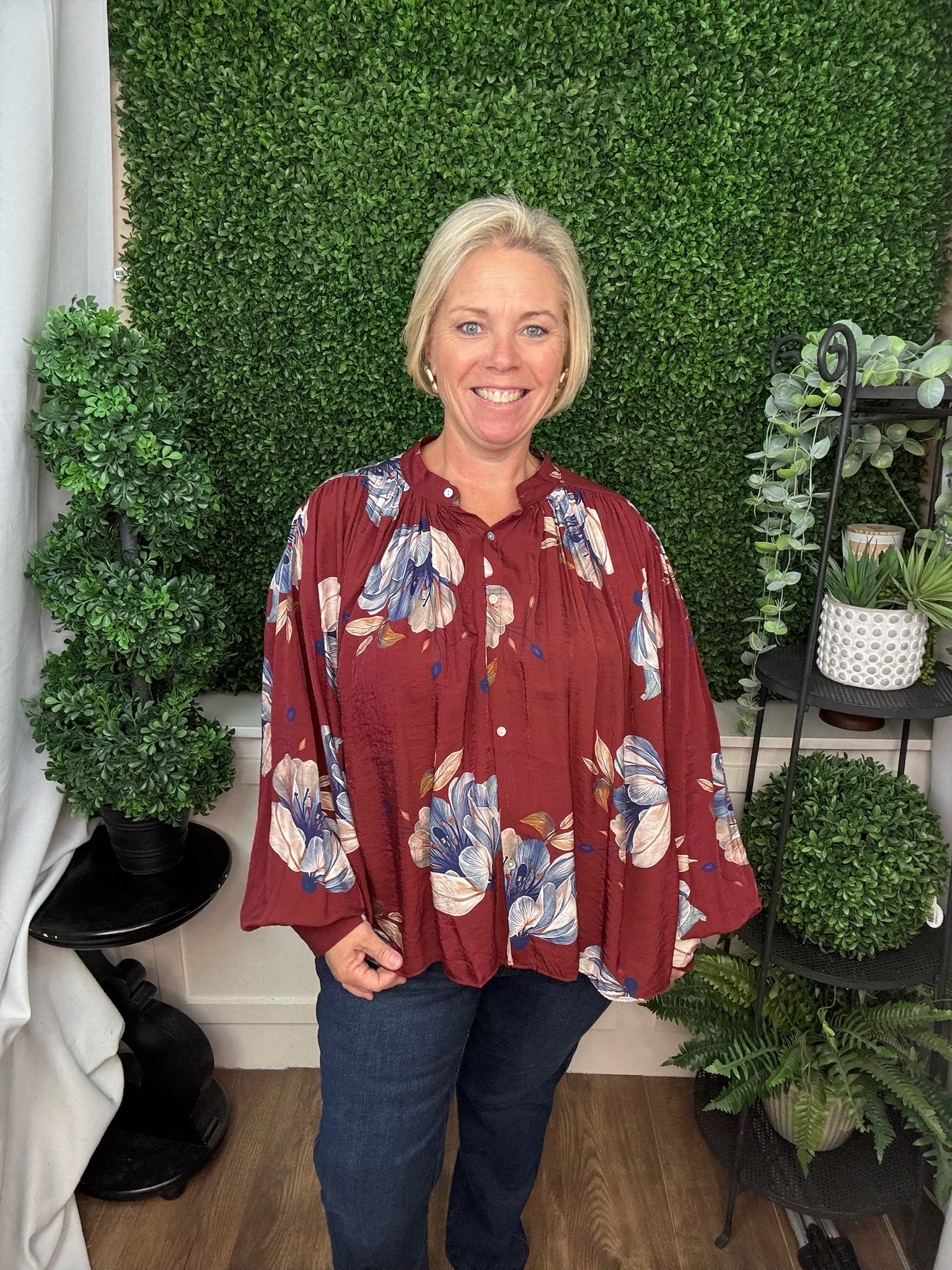 FLORAL VOLUMINOUS BUTTON DOWN BLOUSE - BURGUNDY