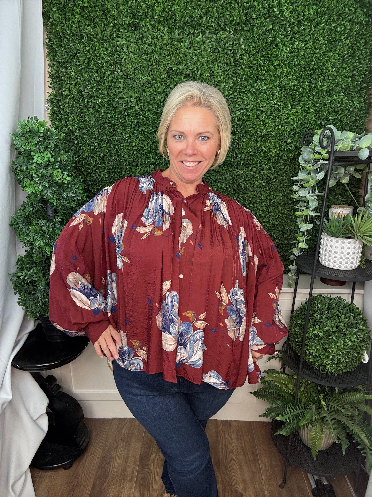 FLORAL VOLUMINOUS BUTTON DOWN BLOUSE - BURGUNDY