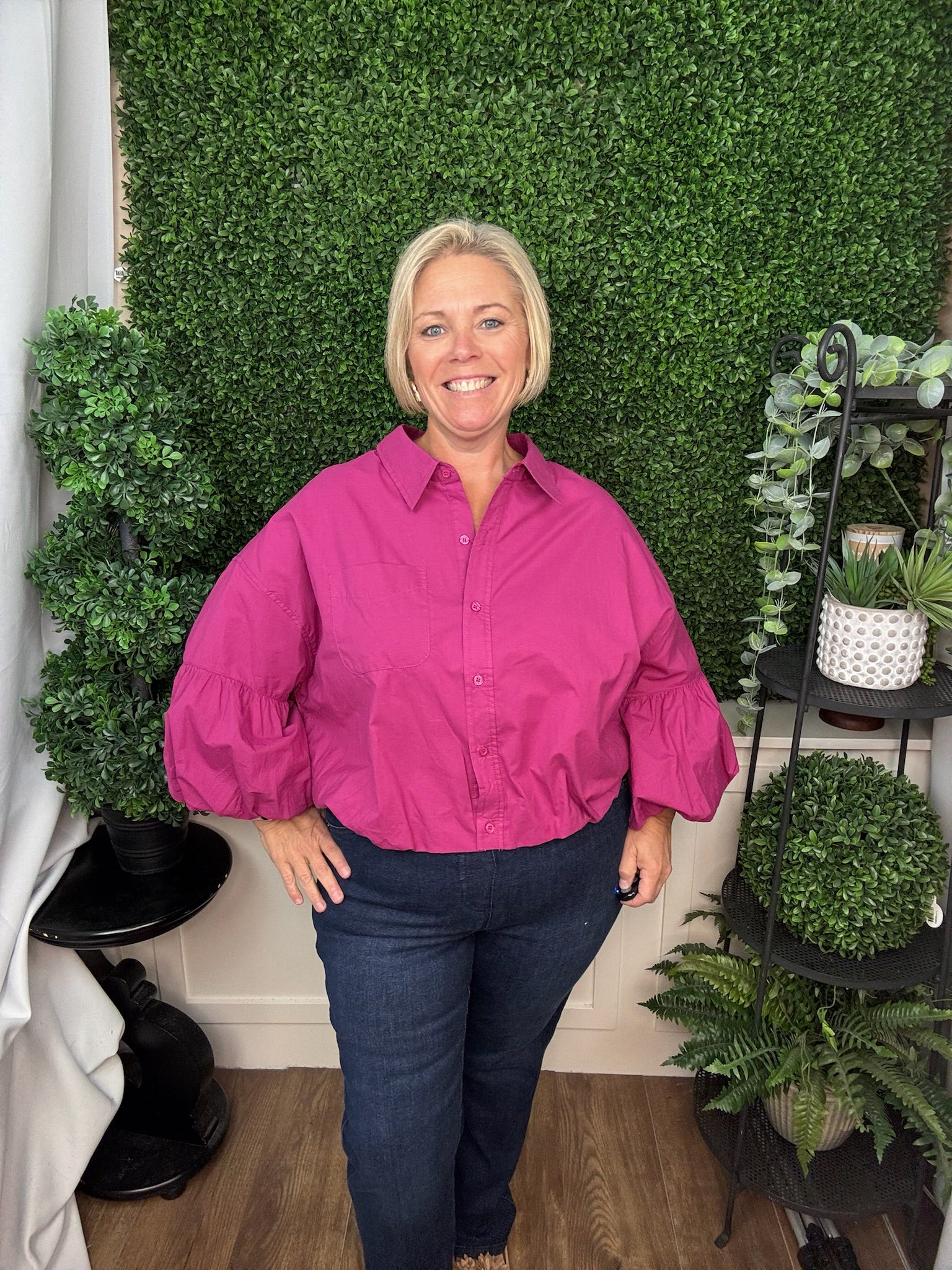 COLLARED BUTTON-FRONT BLOUSE WITH RUFFLE SLEEVES - DEEP TEAL/FESTIVAL FUSCHIA