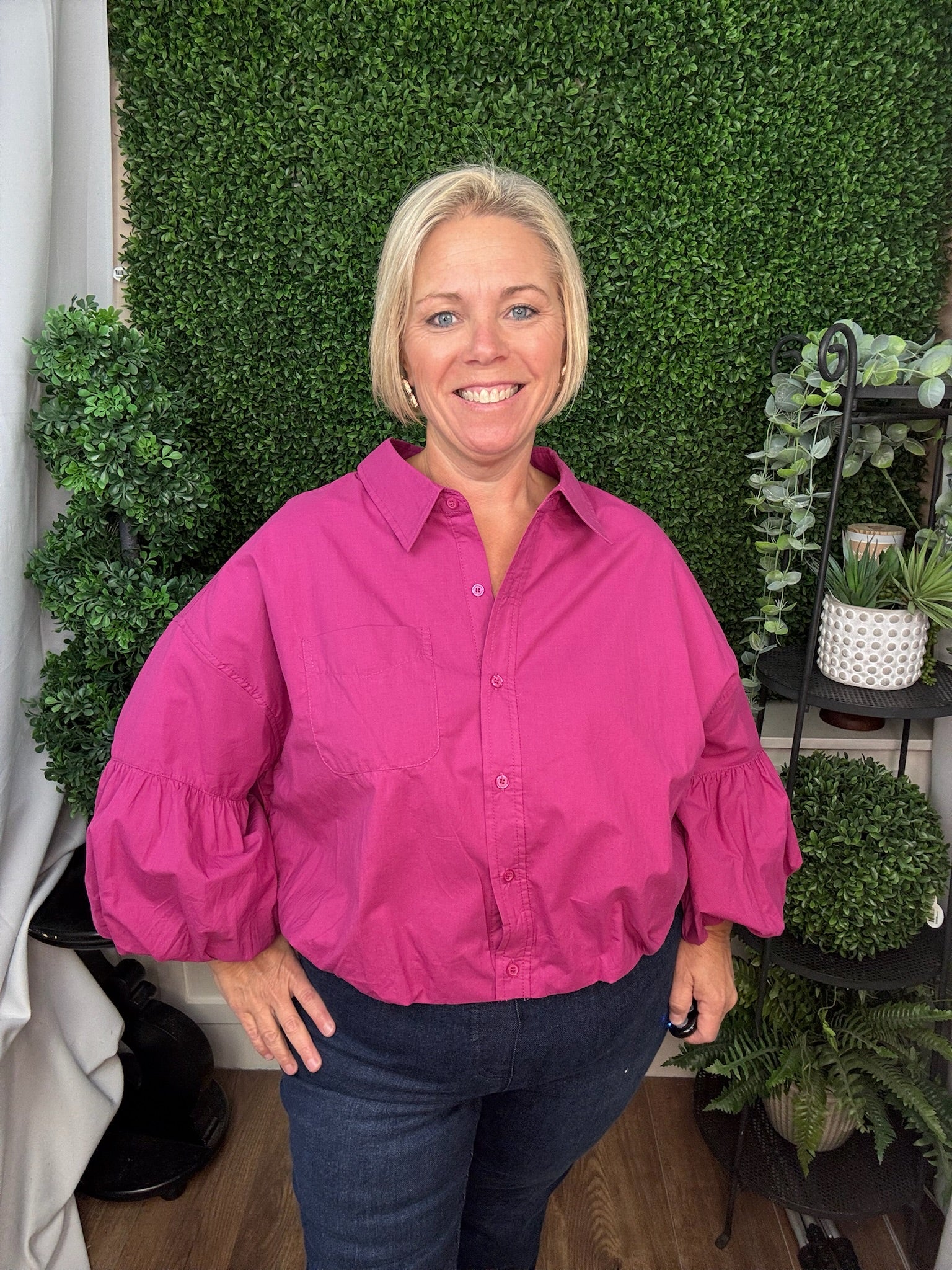COLLARED BUTTON-FRONT BLOUSE WITH RUFFLE SLEEVES - DEEP TEAL/FESTIVAL FUSCHIA