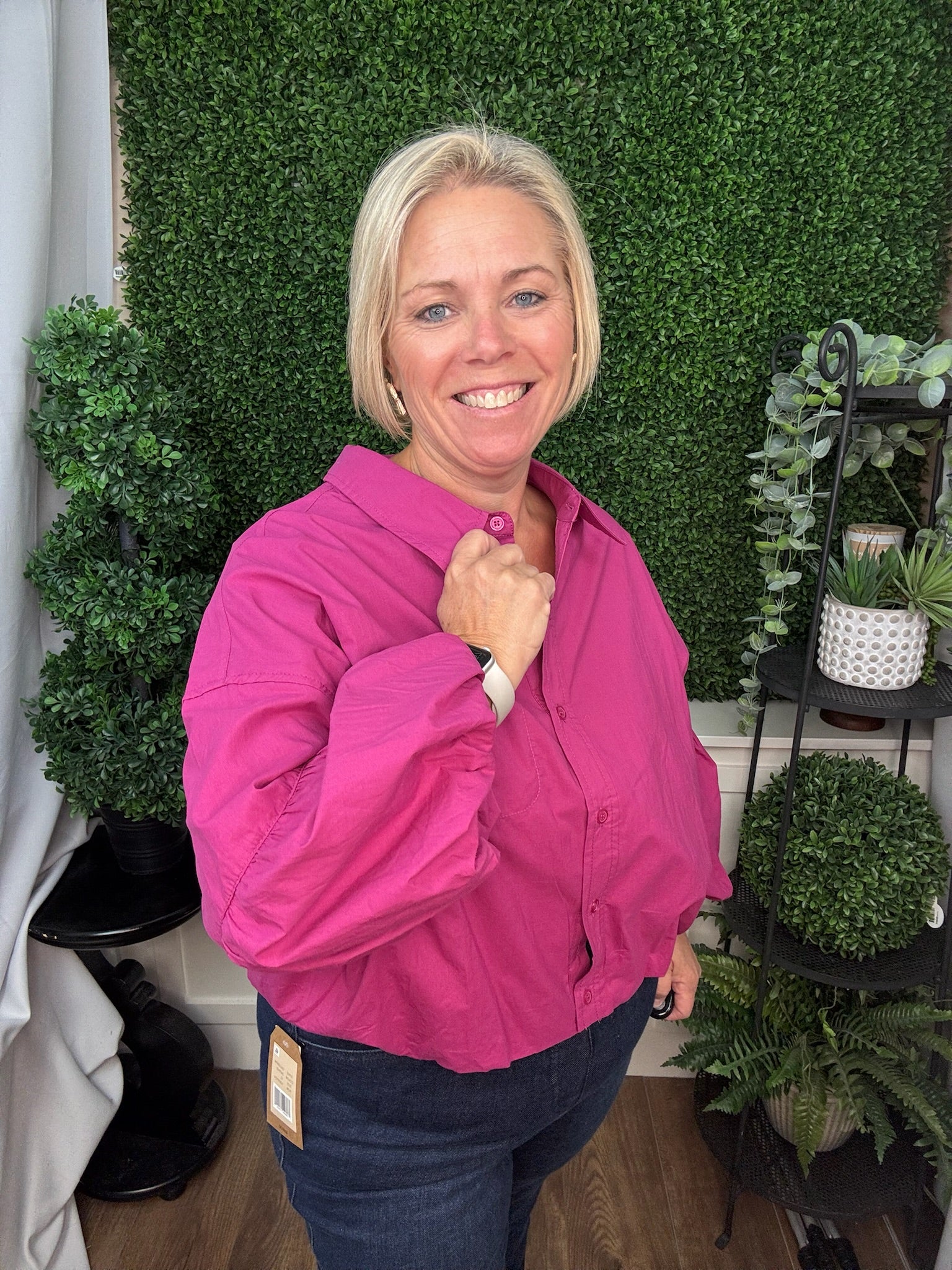 COLLARED BUTTON-FRONT BLOUSE WITH RUFFLE SLEEVES - DEEP TEAL/FESTIVAL FUSCHIA