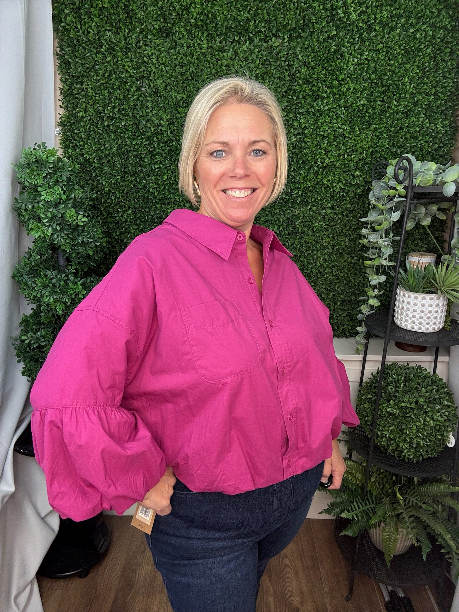 COLLARED BUTTON-FRONT BLOUSE WITH RUFFLE SLEEVES - DEEP TEAL/FESTIVAL FUSCHIA