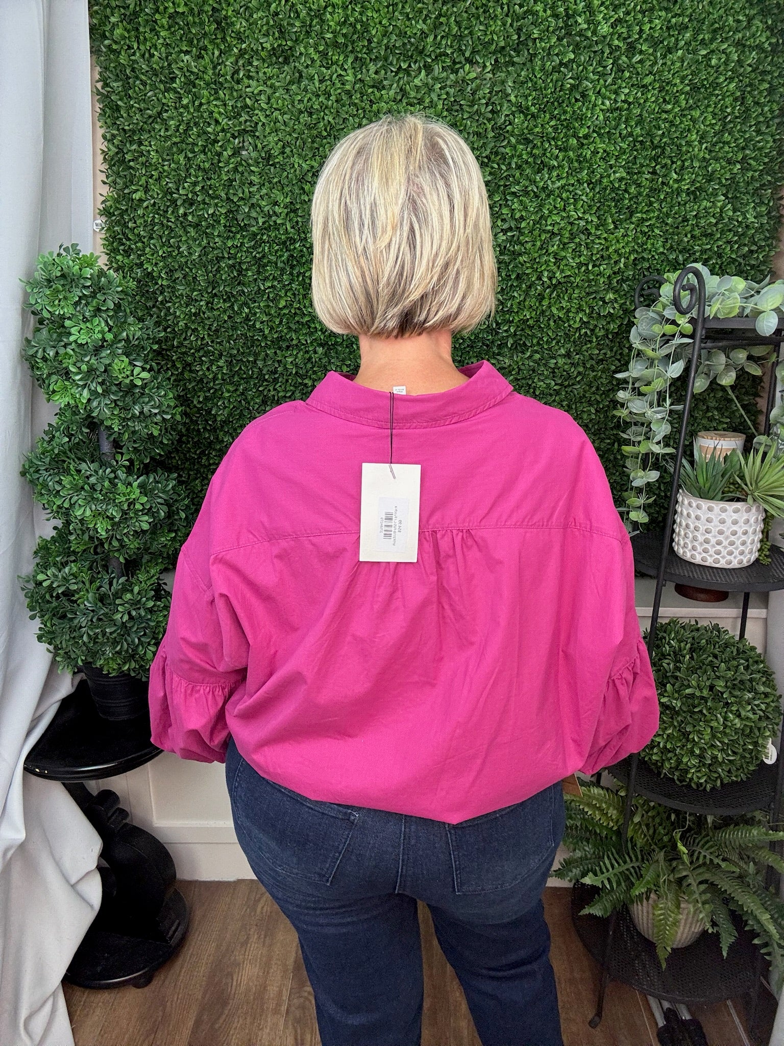 COLLARED BUTTON-FRONT BLOUSE WITH RUFFLE SLEEVES - DEEP TEAL/FESTIVAL FUSCHIA