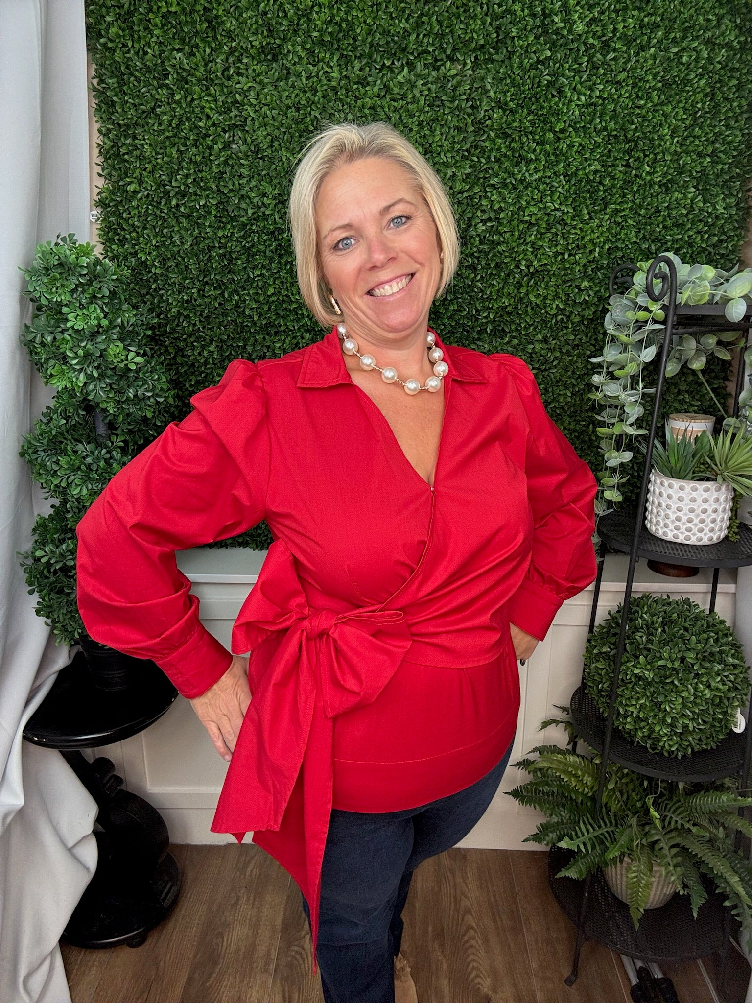 LONG SLEEVE SURPLICE SIDE TIE WOVEN TOP - BLACK/RED