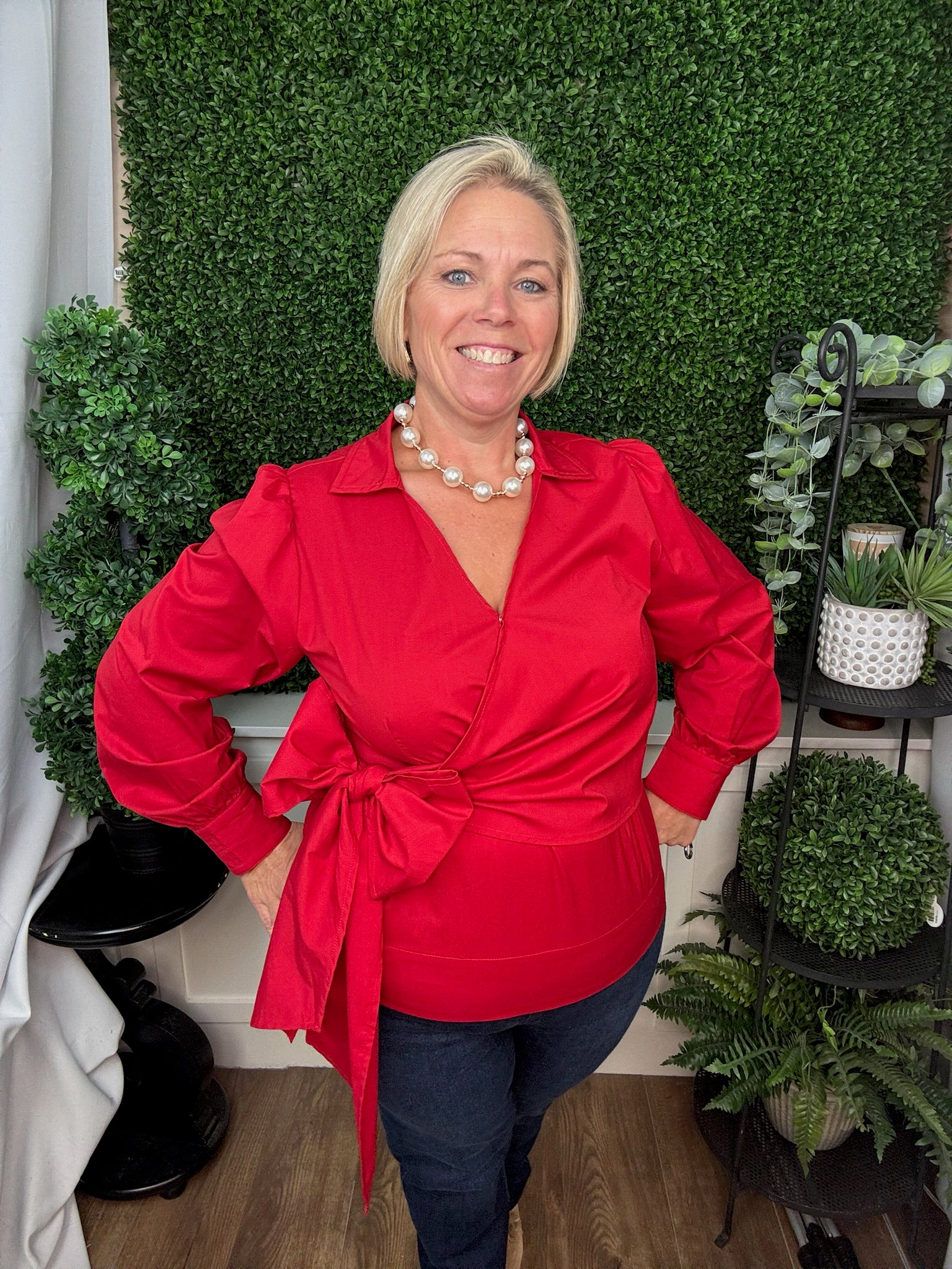LONG SLEEVE SURPLICE SIDE TIE WOVEN TOP - BLACK/RED