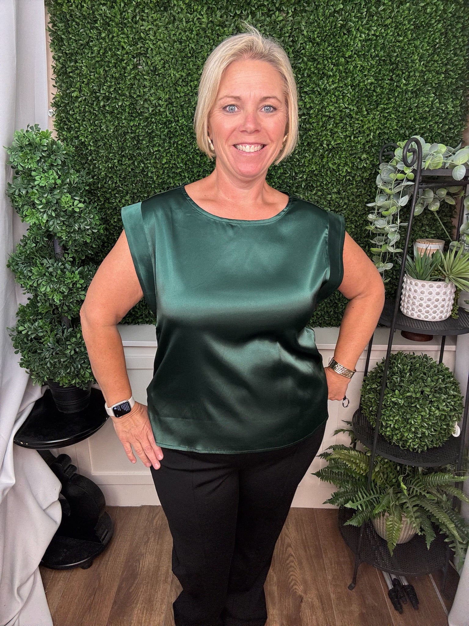 DROP SHOULDER SATIN TOP - SEA GREEN/WINE