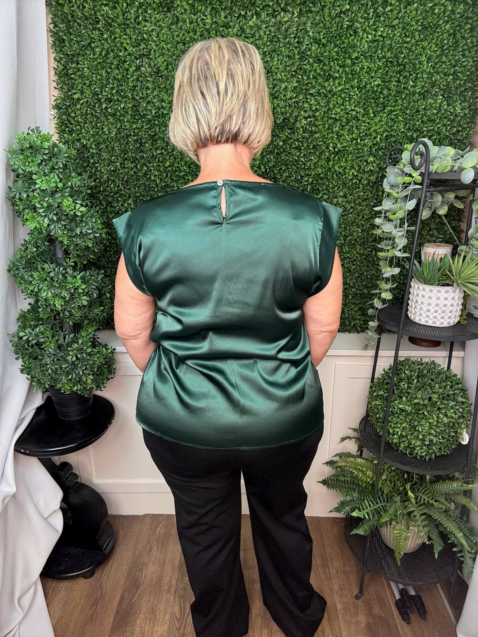 DROP SHOULDER SATIN TOP - SEA GREEN/WINE