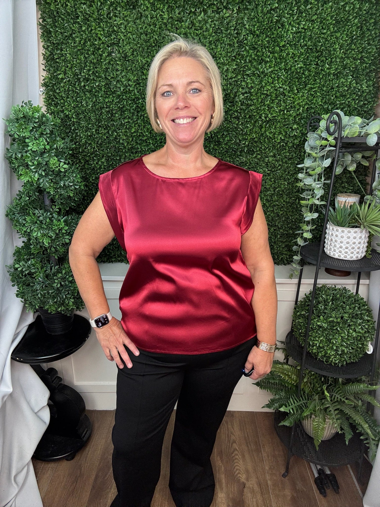DROP SHOULDER SATIN TOP - SEA GREEN/WINE