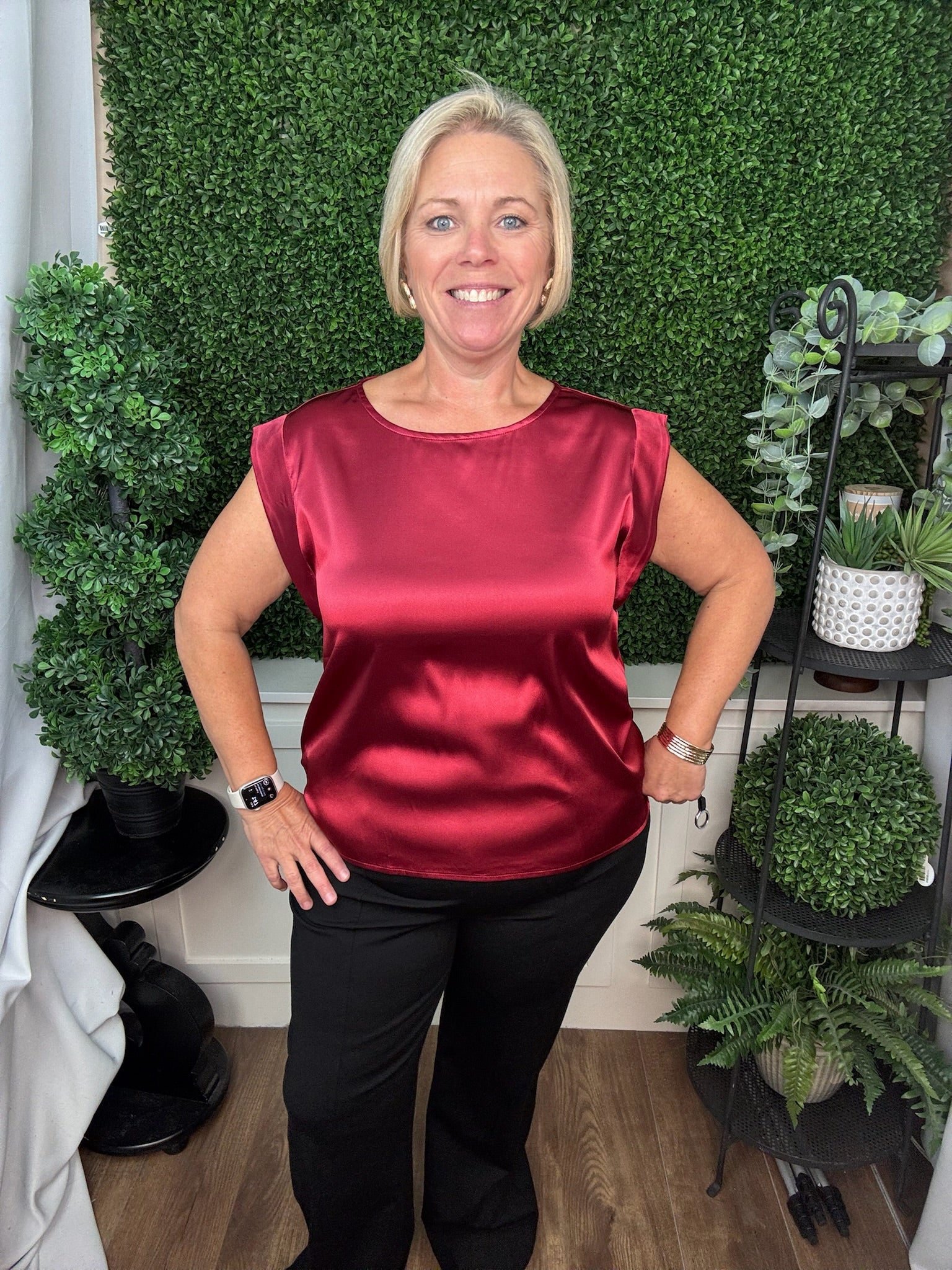 DROP SHOULDER SATIN TOP - SEA GREEN/WINE