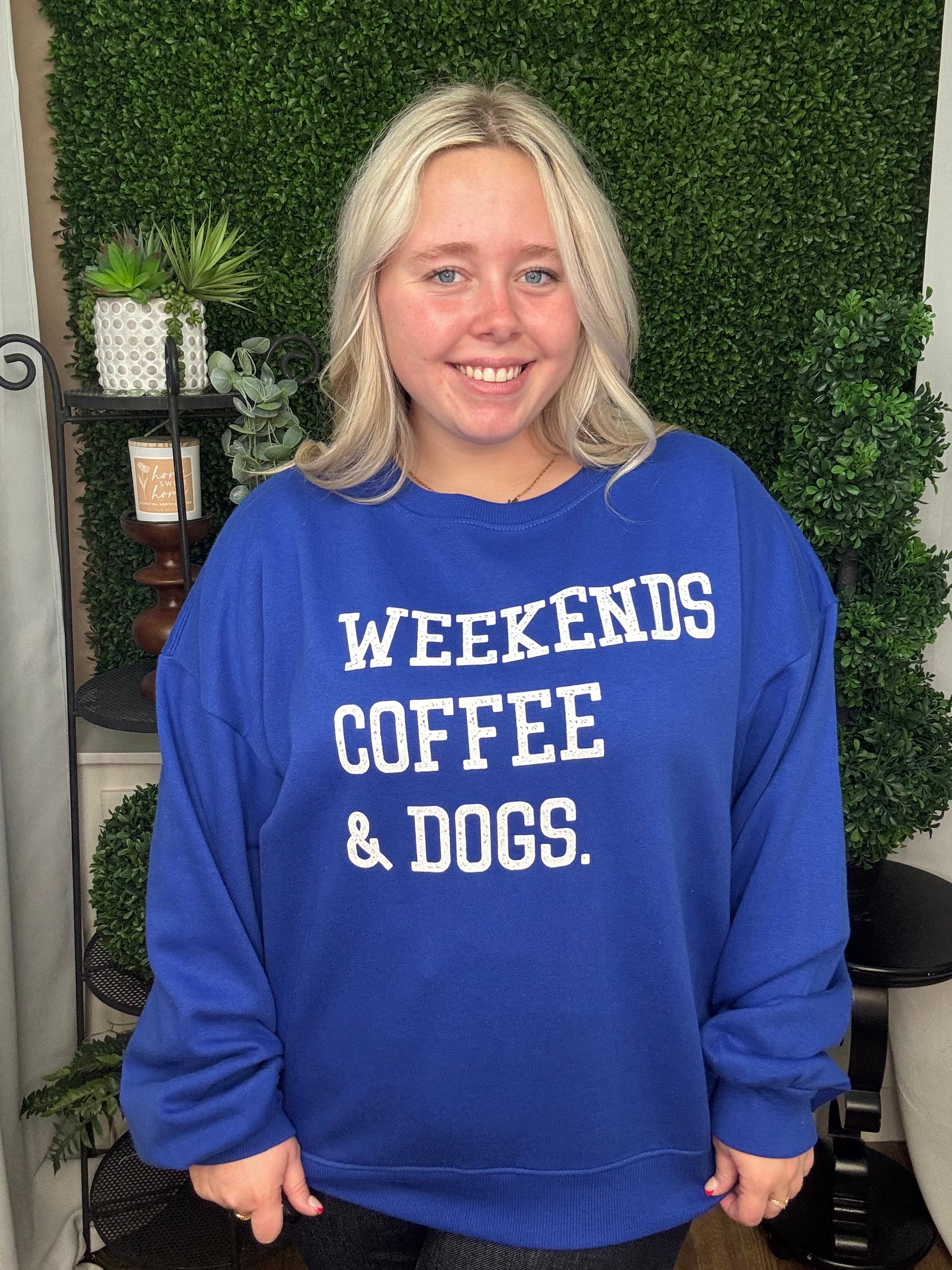 WEEKENDS, COFFEE, AND DOGS CREWNECK SWEATSHIRT - NAVY