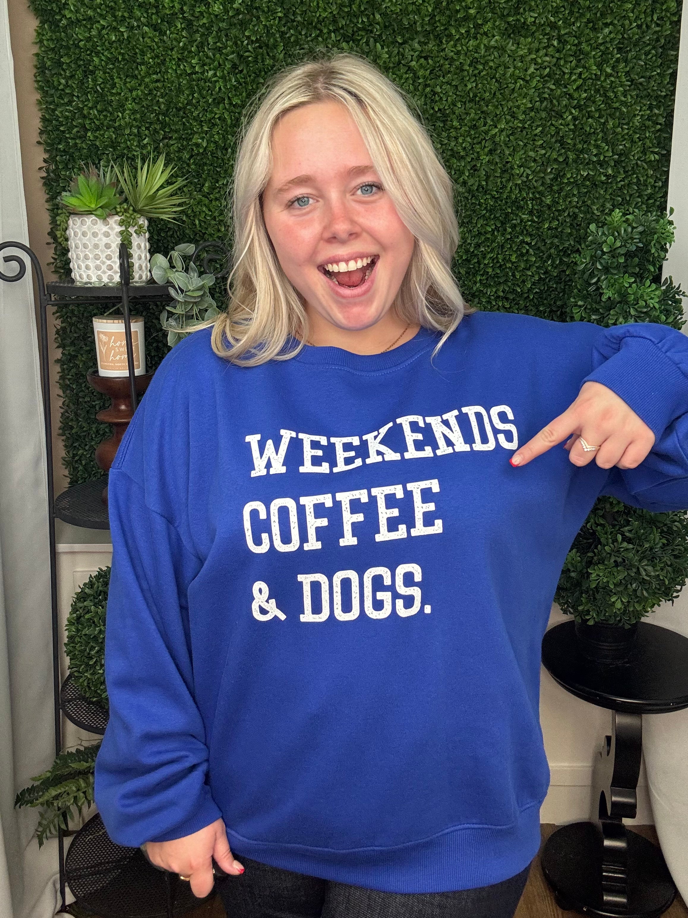 WEEKENDS, COFFEE, AND DOGS CREWNECK SWEATSHIRT - NAVY