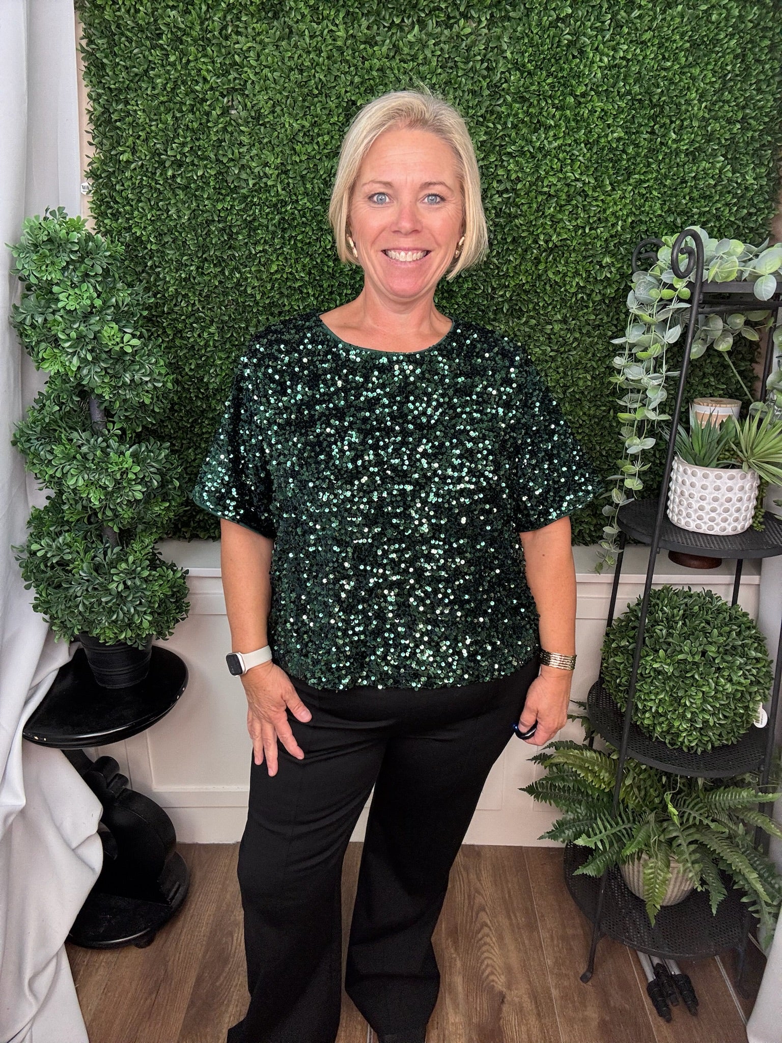 SHORT SLEEVE SEQUIN TOP - SEA GREEN