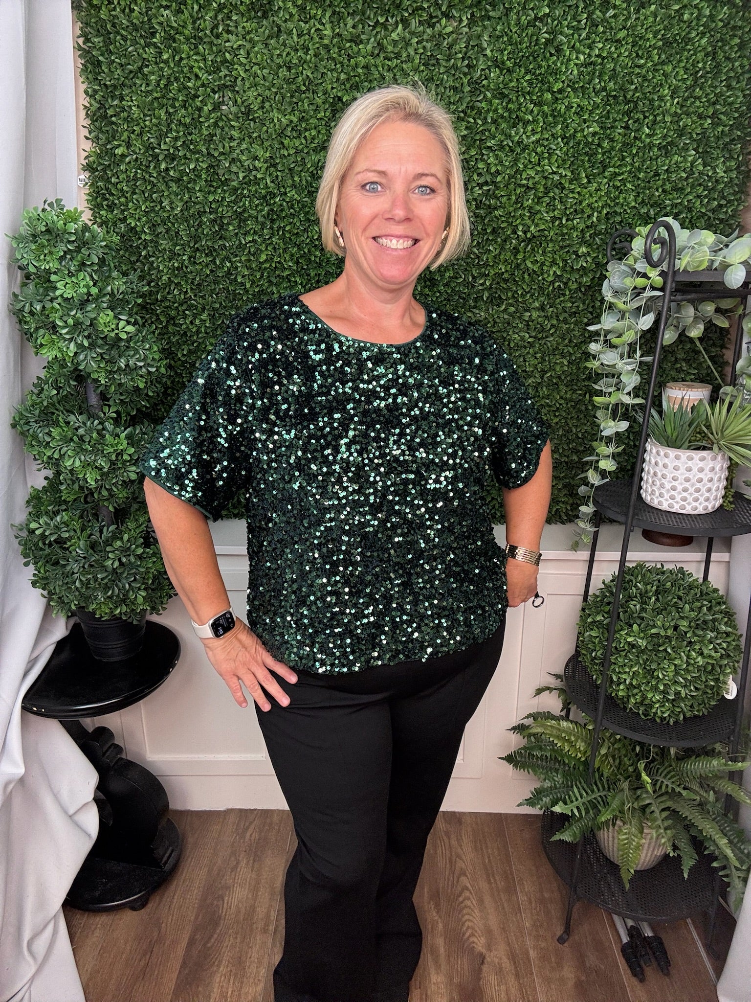 SHORT SLEEVE SEQUIN TOP - SEA GREEN