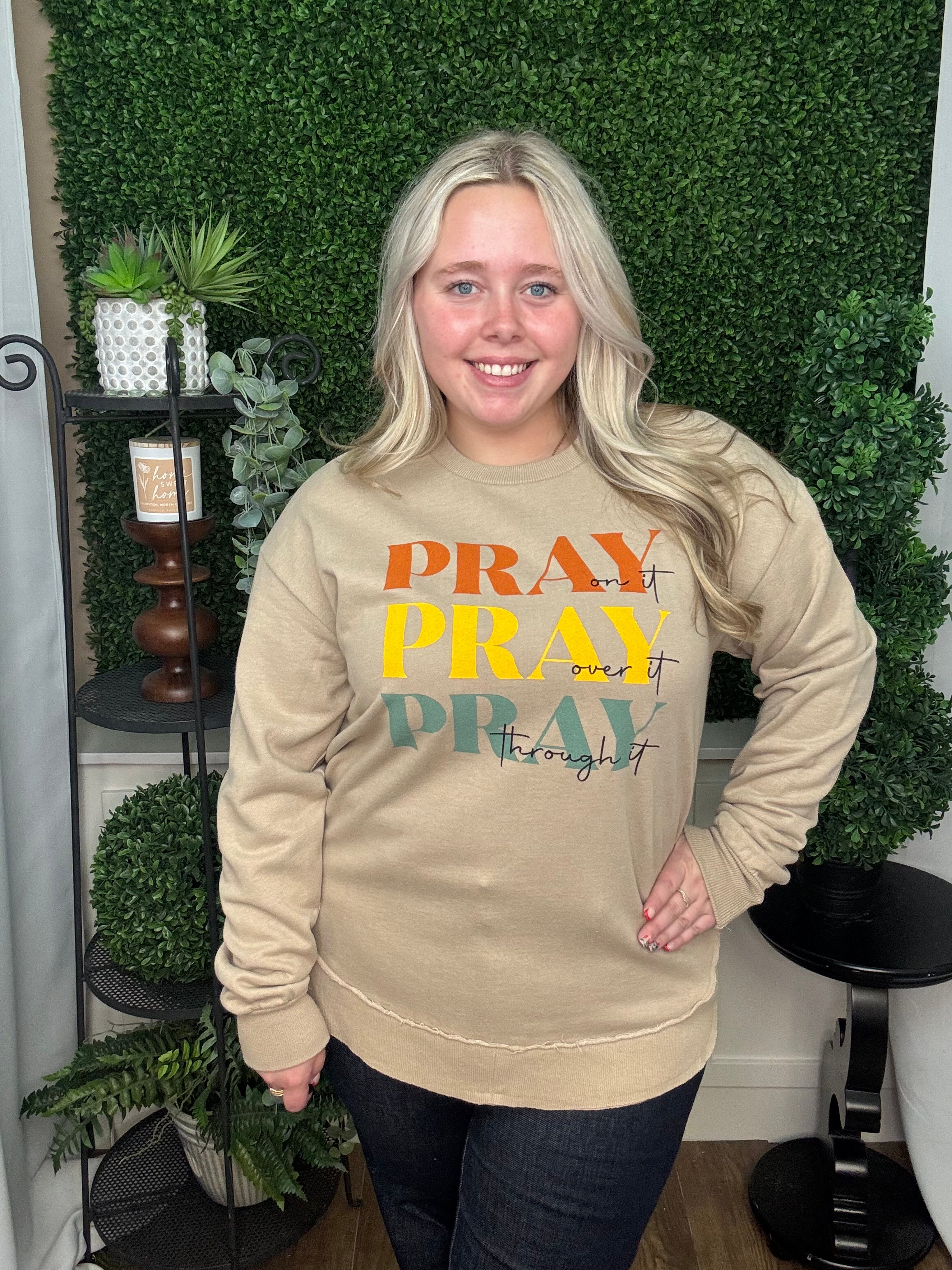 PRAY PRAY PRAY LONG SLEEVE CREW NECK SHIRT - SAND