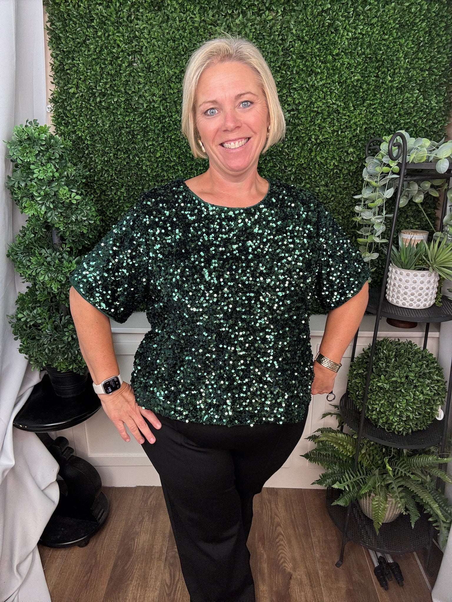 SHORT SLEEVE SEQUIN TOP - SEA GREEN