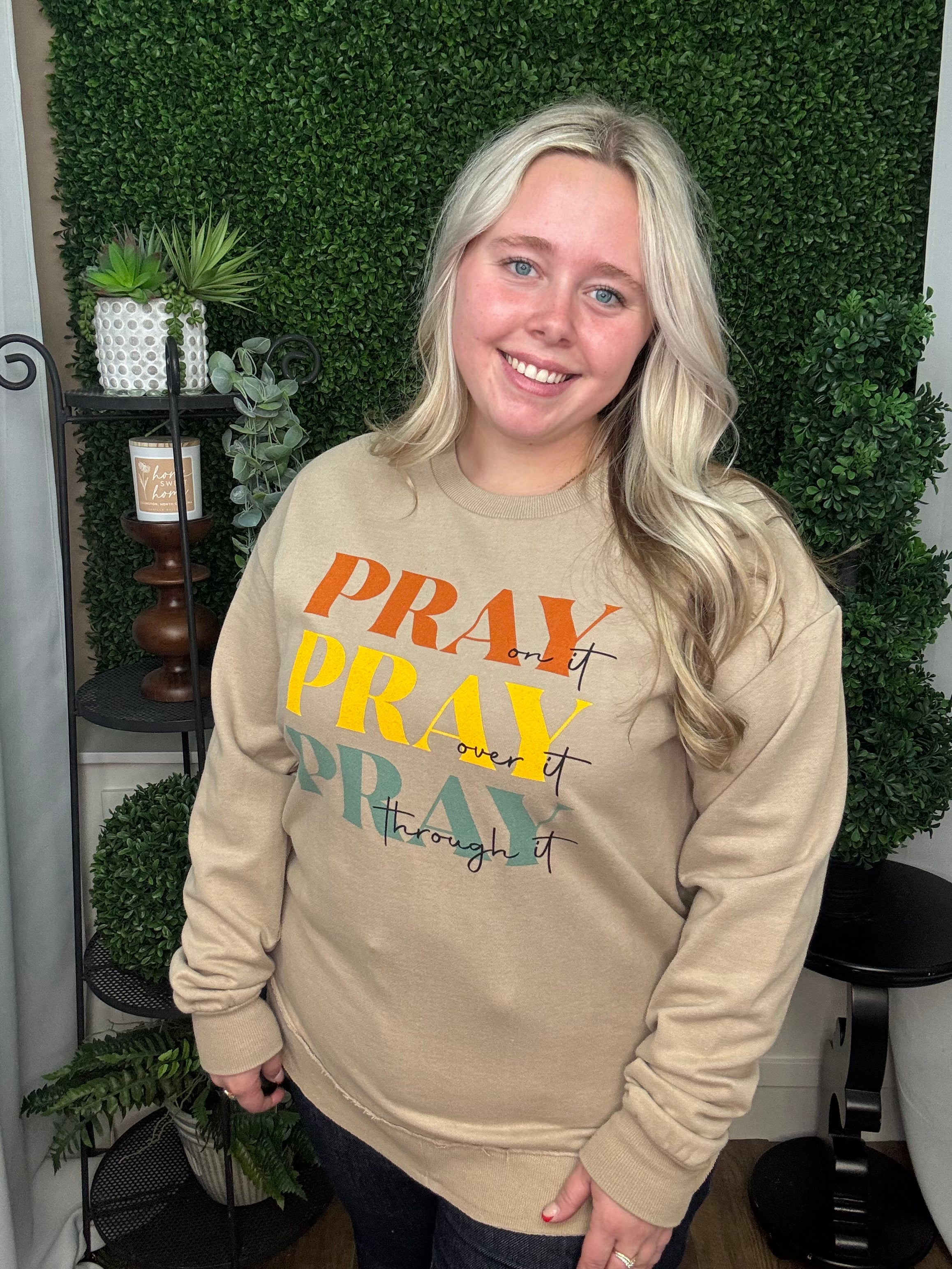 PRAY PRAY PRAY LONG SLEEVE CREW NECK SHIRT - SAND