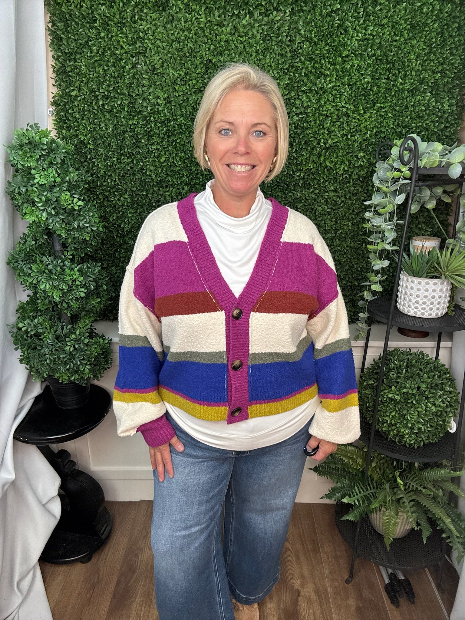 Puff Sleeve Sweater Cardigan - Cream Multi