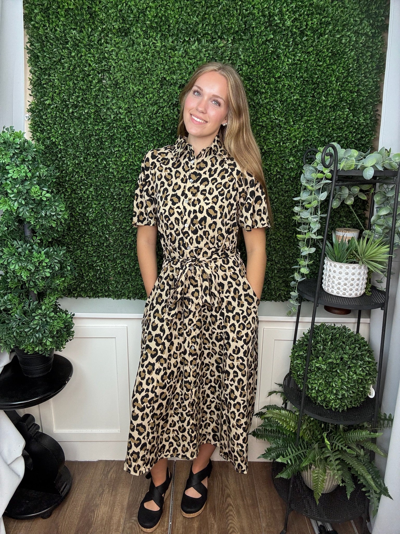 HALF SLEEVE BUTTON LEOPARD WOVEN MIDI DRESS - TAUPE