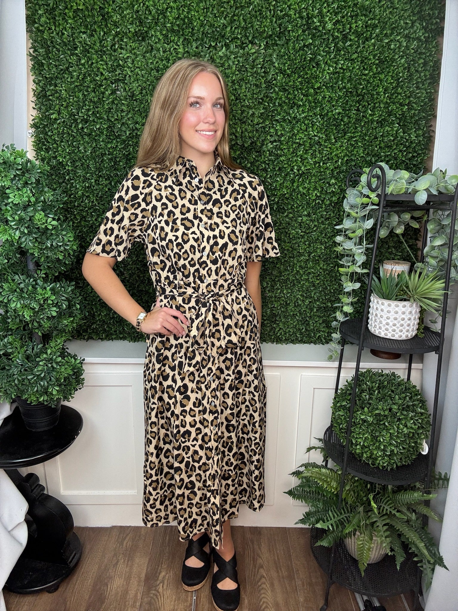 HALF SLEEVE BUTTON LEOPARD WOVEN MIDI DRESS - TAUPE