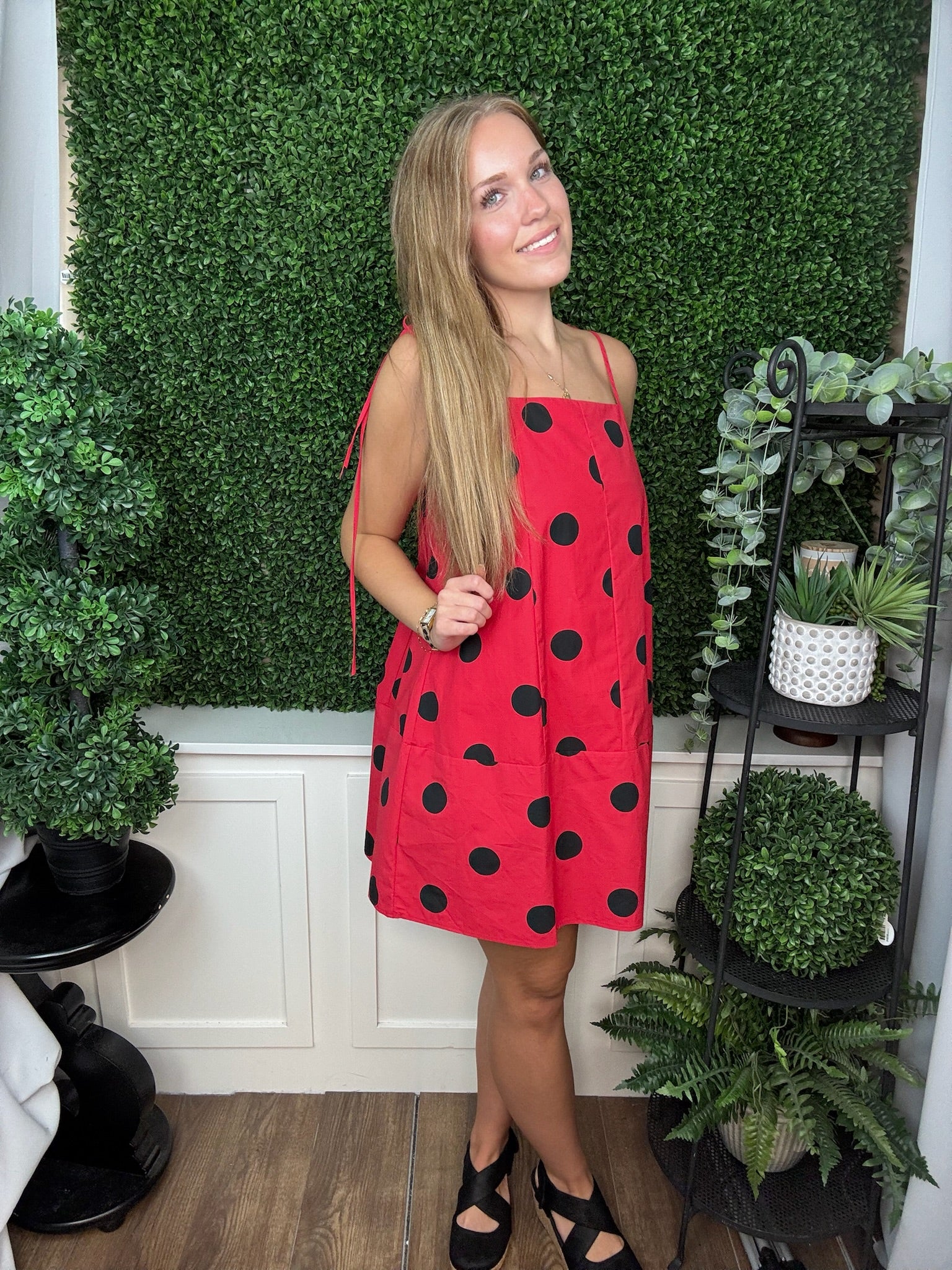 Red Polka Dot Tie Strap Midi Dress