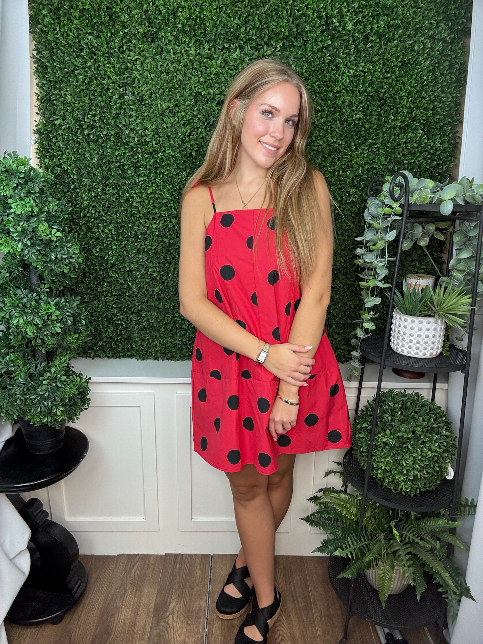 Red Polka Dot Tie Strap Midi Dress