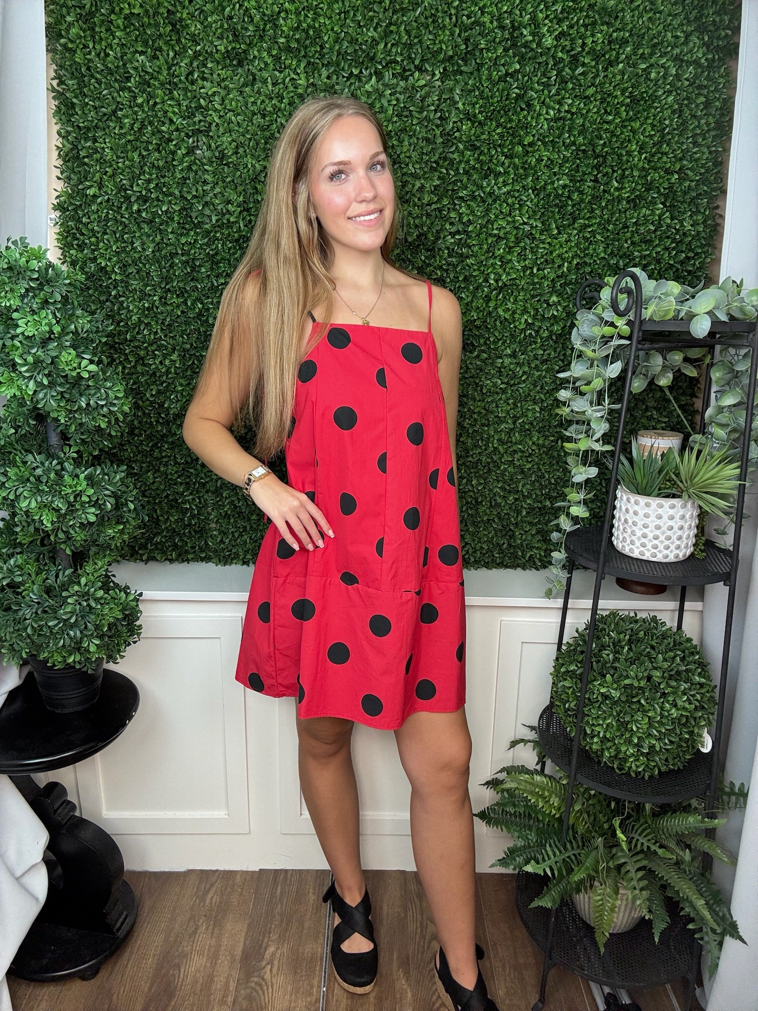 Red Polka Dot Tie Strap Midi Dress