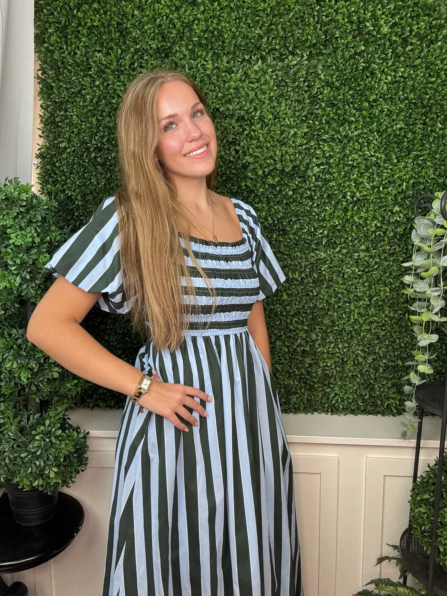 SHORT BUBBLE SLEEVE SMOCKED TOP STRIPED MIDI DRESS WITH POCKETS - SEA GREEN/LT. BLUE