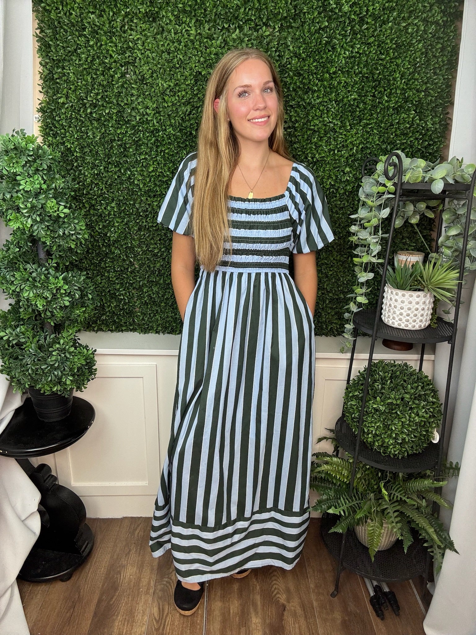 SHORT BUBBLE SLEEVE SMOCKED TOP STRIPED MIDI DRESS WITH POCKETS - SEA GREEN/LT. BLUE
