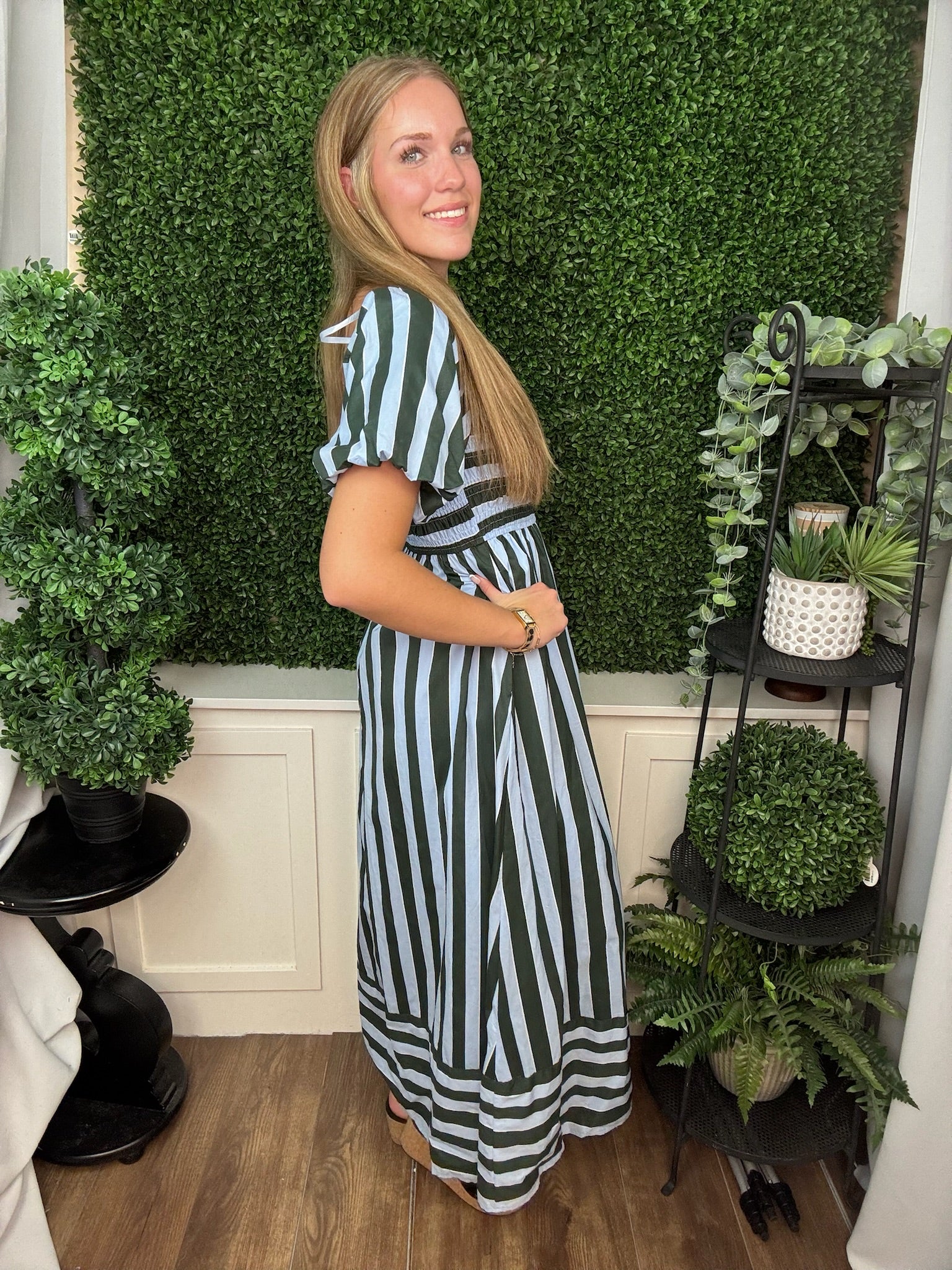 SHORT BUBBLE SLEEVE SMOCKED TOP STRIPED MIDI DRESS WITH POCKETS - SEA GREEN/LT. BLUE