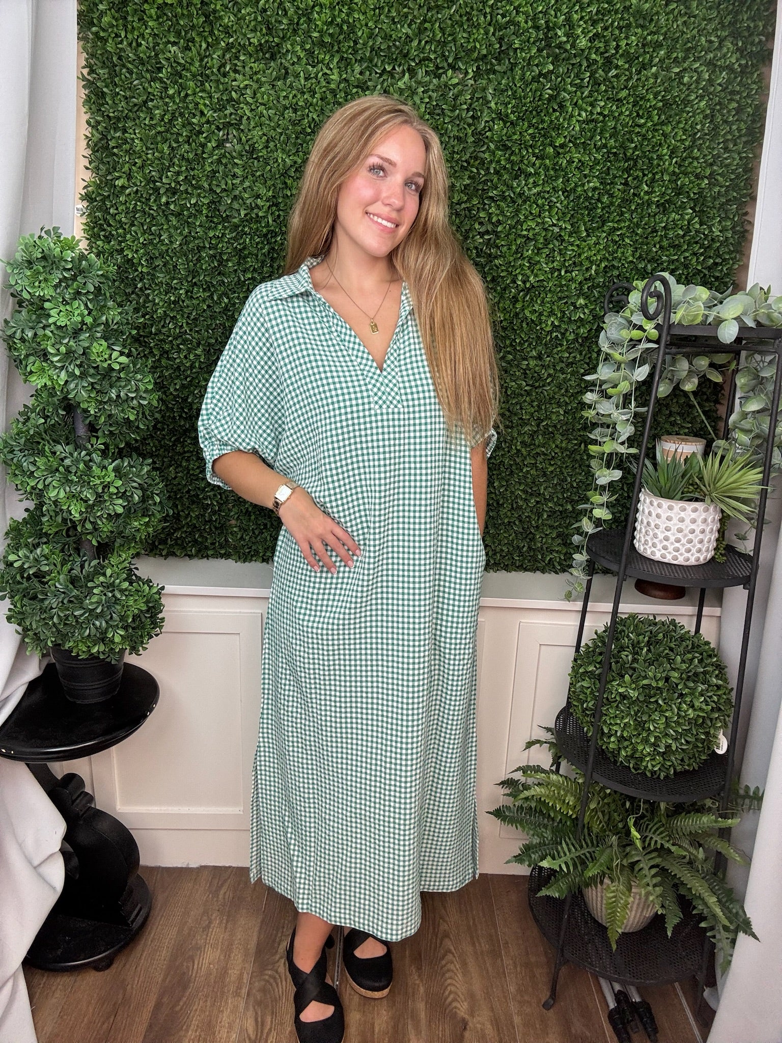 GINGHAM SHORT SLEEVE MAXI DRESS - KELLY GREEN