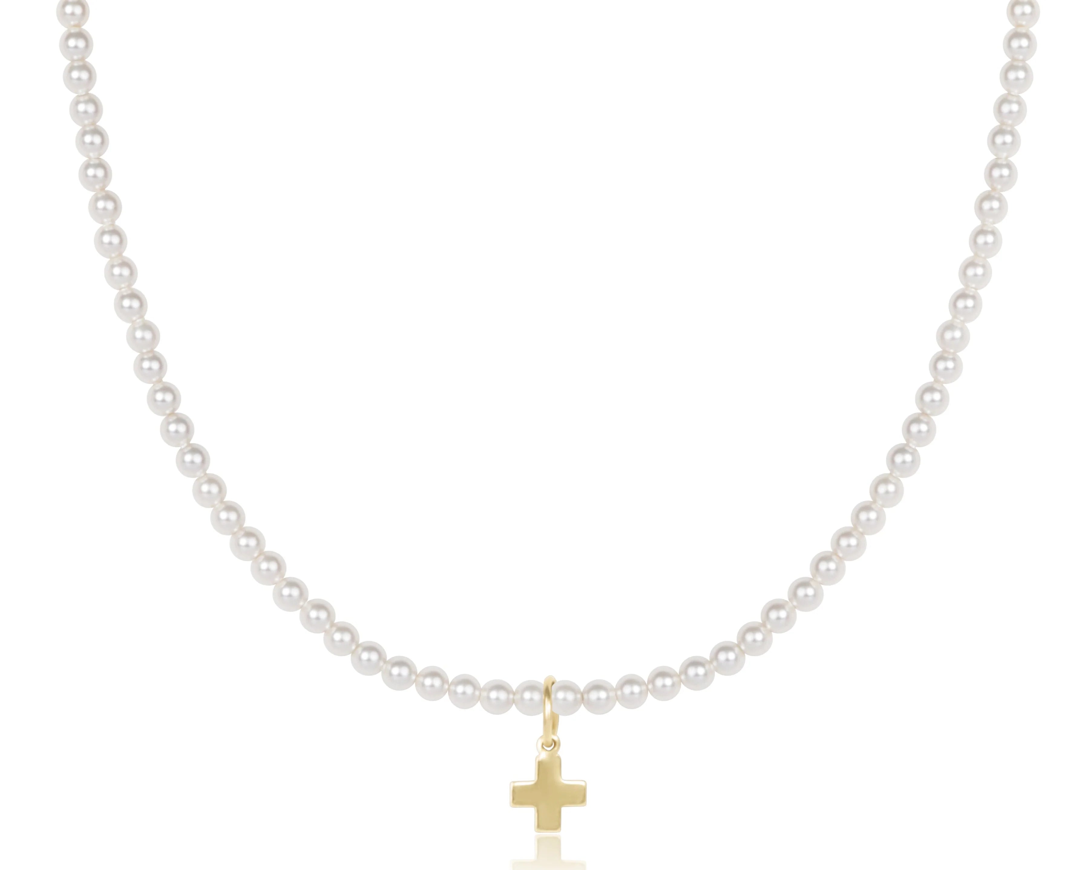17" Choker Beaded - Classic Pearl 3mm - Signature Cross Gold Charm