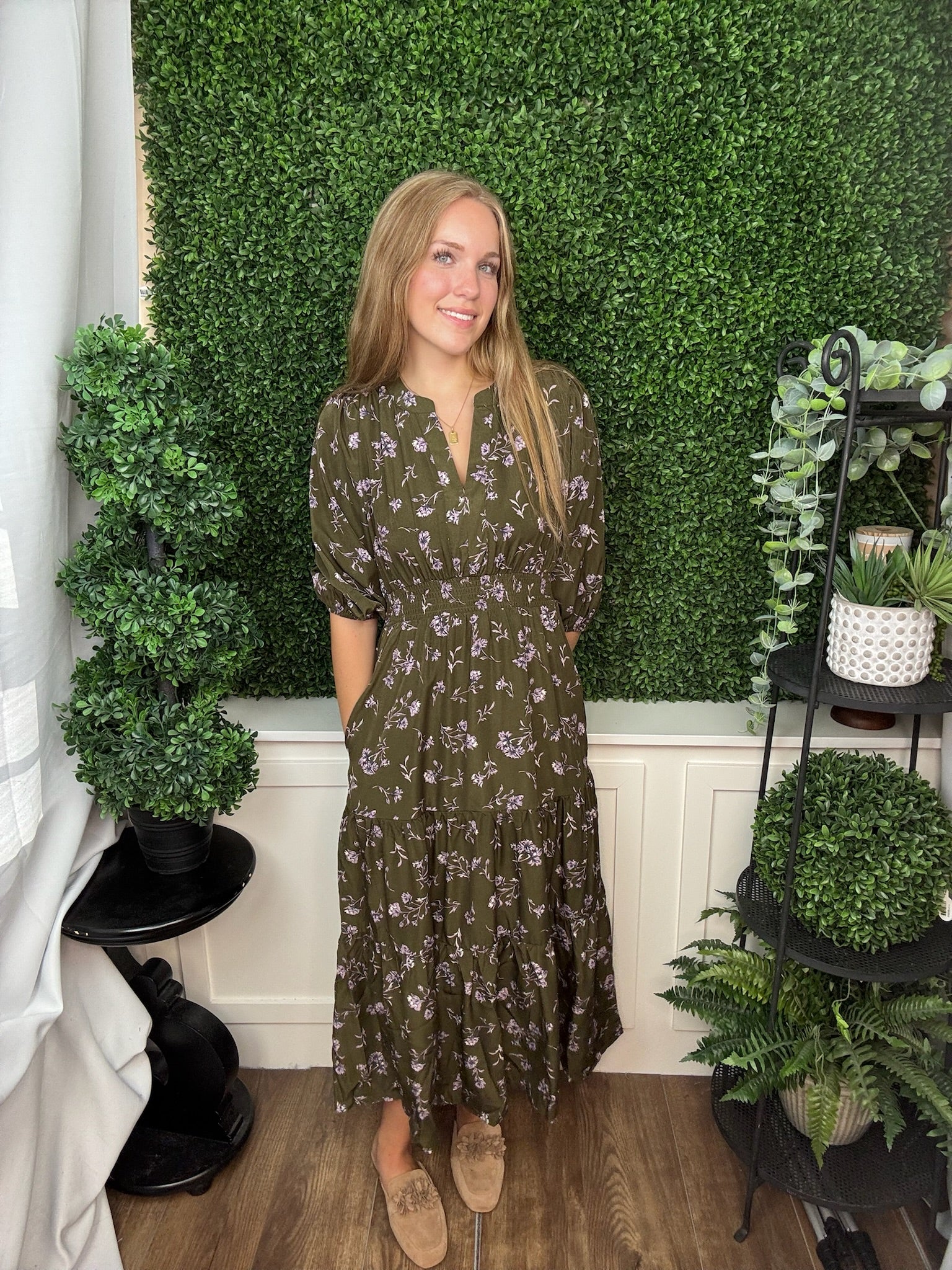 3/4 SLEEVE PRINTED MINI DRESS WITH POCKETS - OLIVE