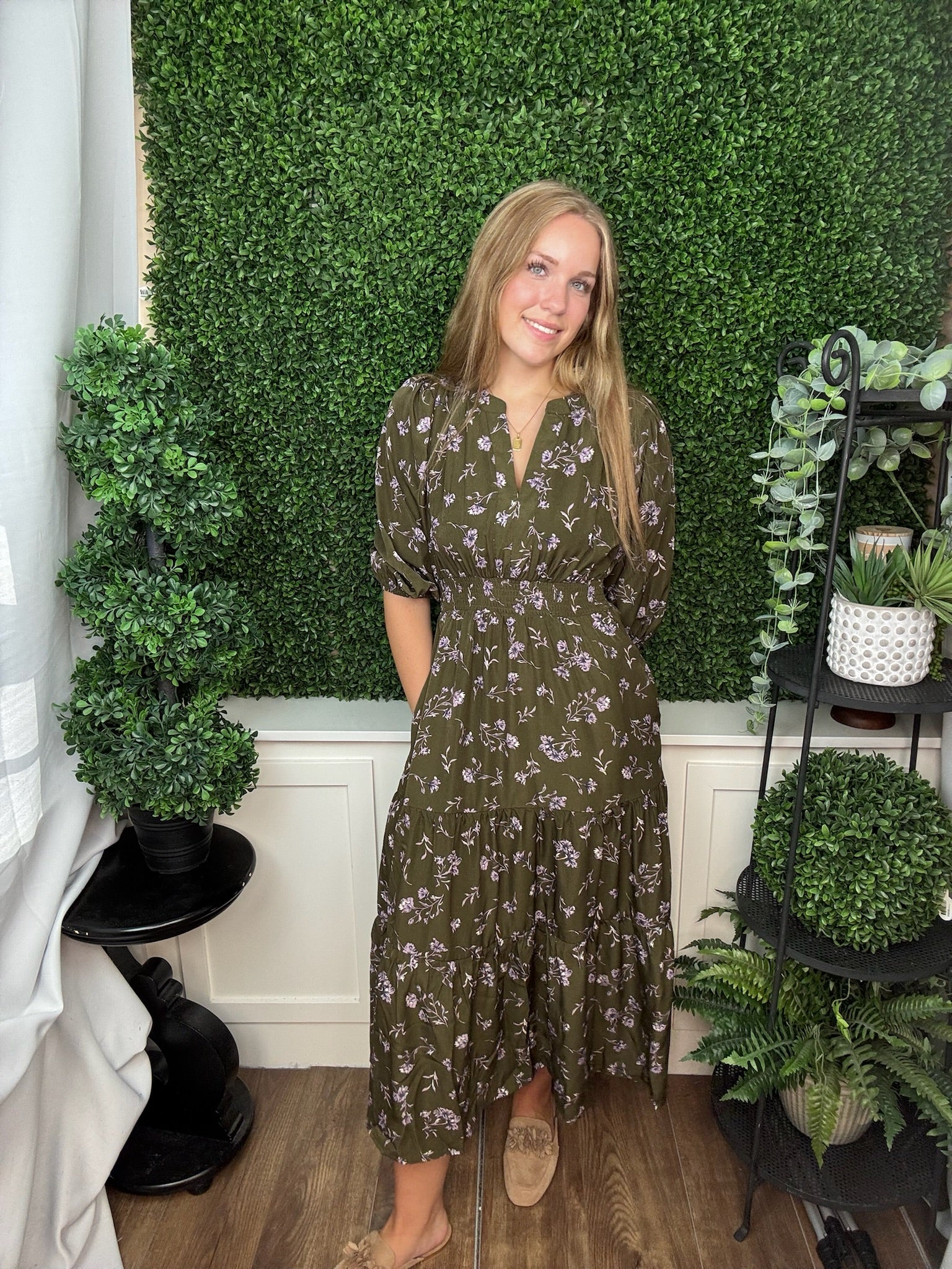 3/4 SLEEVE PRINTED MINI DRESS WITH POCKETS - OLIVE