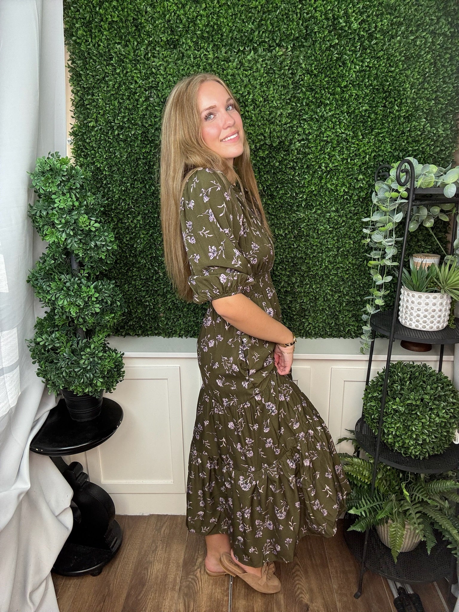 3/4 SLEEVE PRINTED MINI DRESS WITH POCKETS - OLIVE