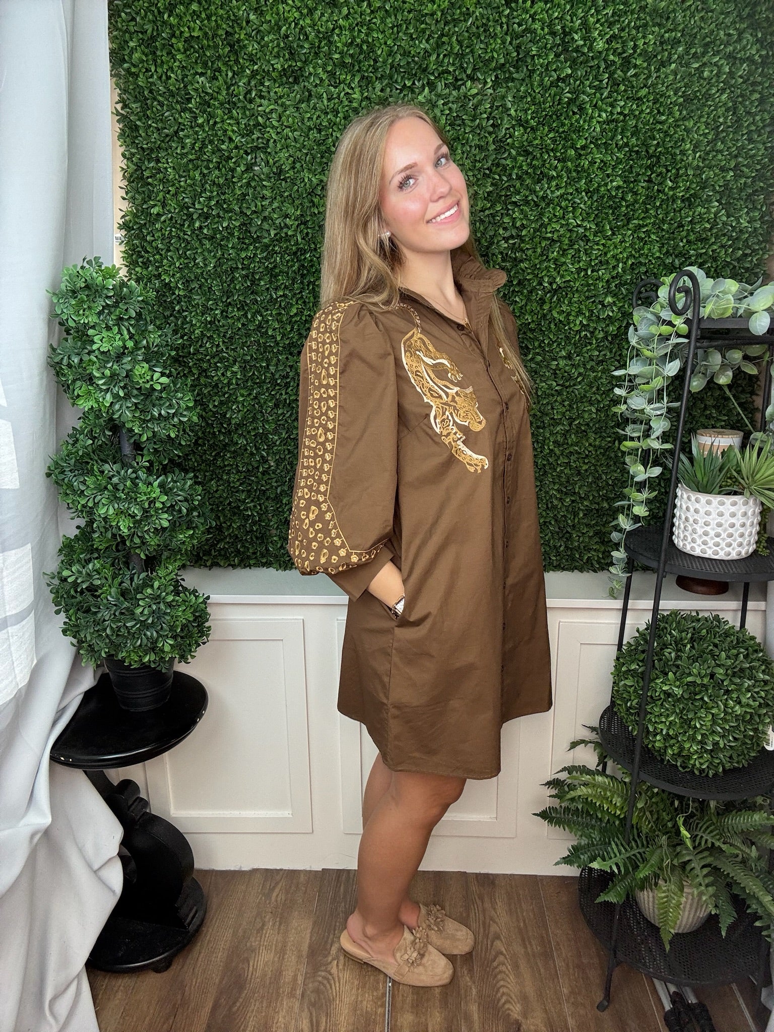 LONG SLEEVE RUFFLE NECK BUTTON DOWN EMBROIDERED TUNIC DRESS - BROWN