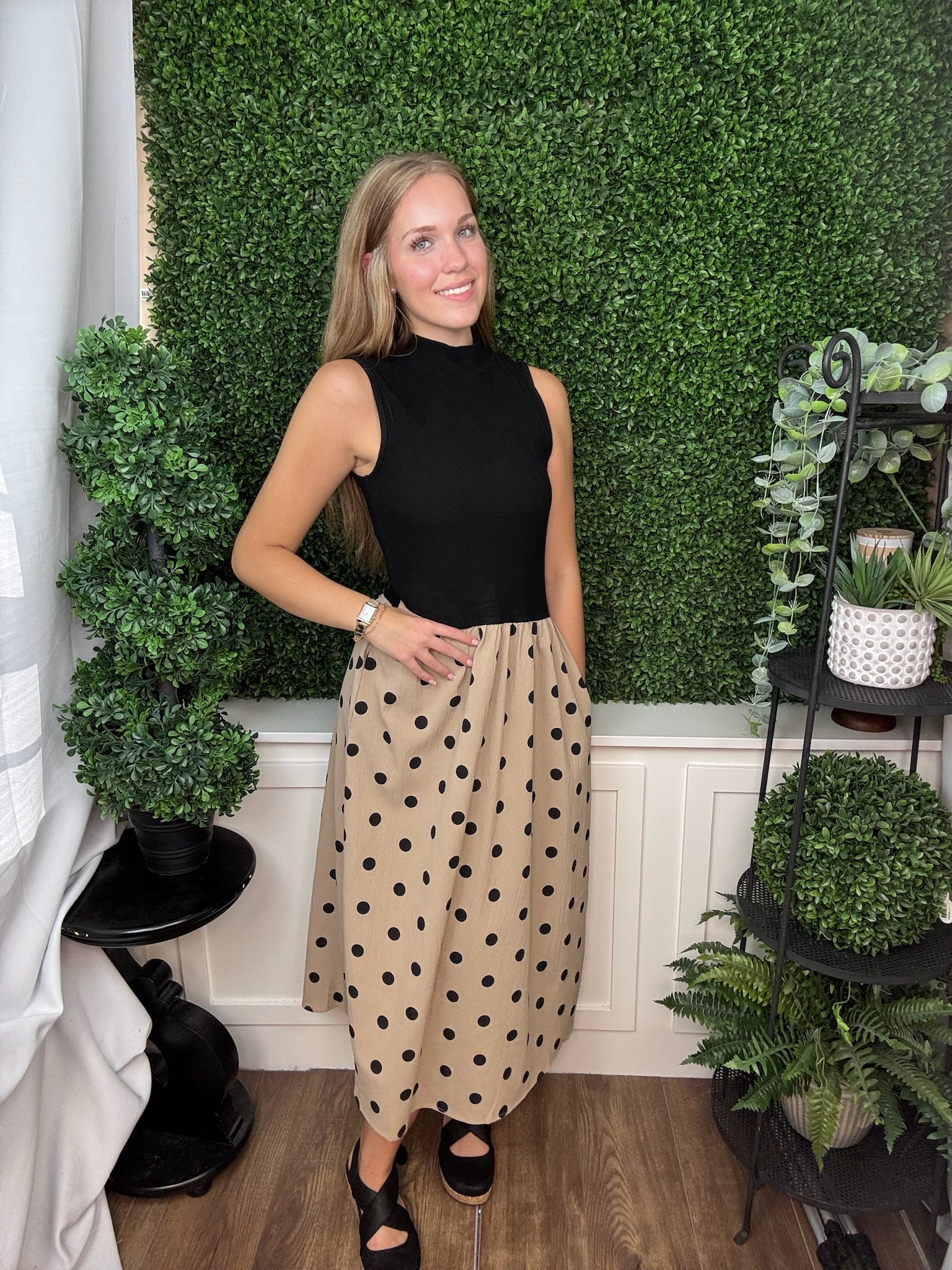 SLEEVELESS MOCK NECK KNIT TOP COMBO WOVEN POLKADOT MIDI DRESS - TAUPE