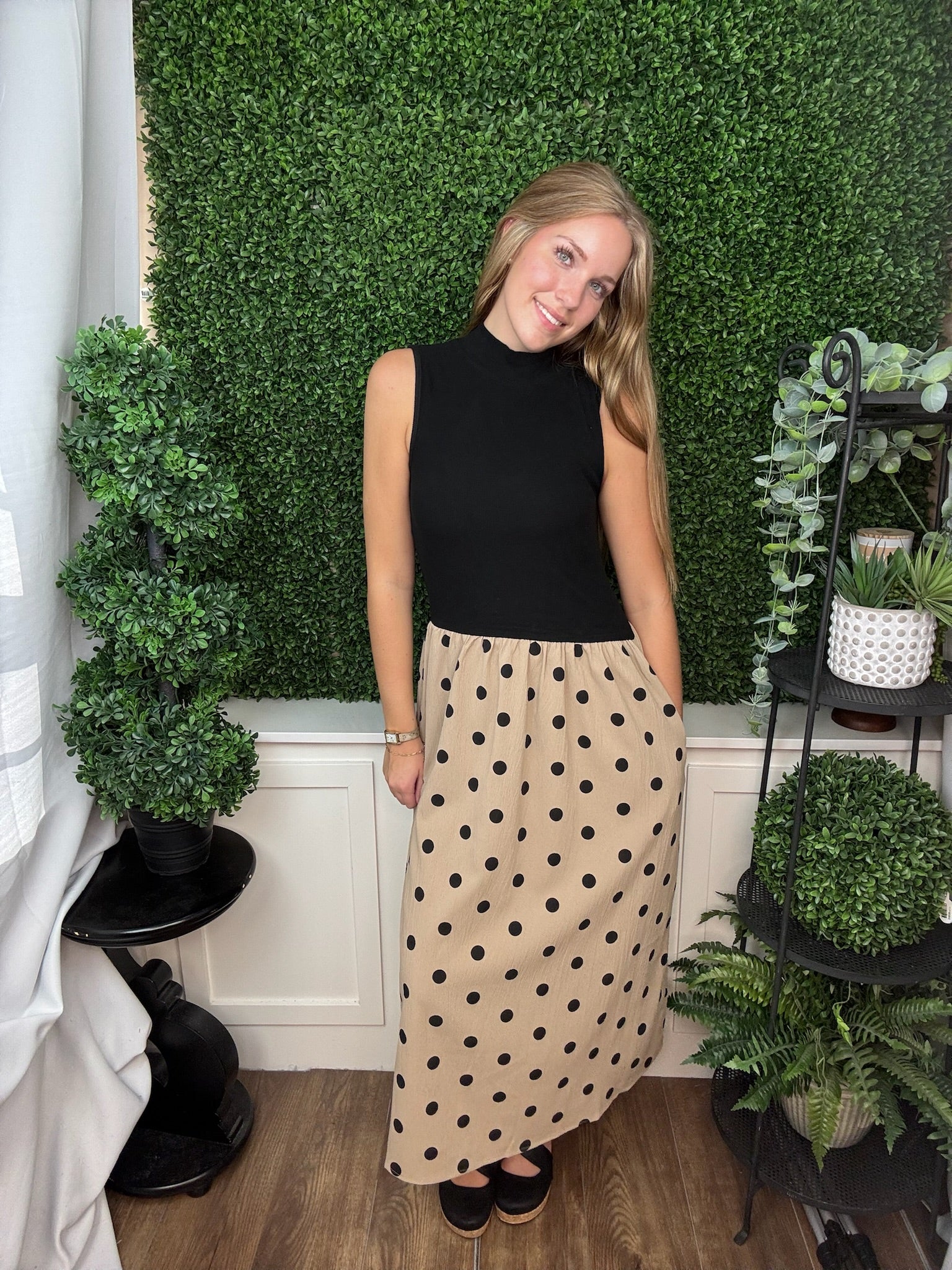 SLEEVELESS MOCK NECK KNIT TOP COMBO WOVEN POLKADOT MIDI DRESS - TAUPE