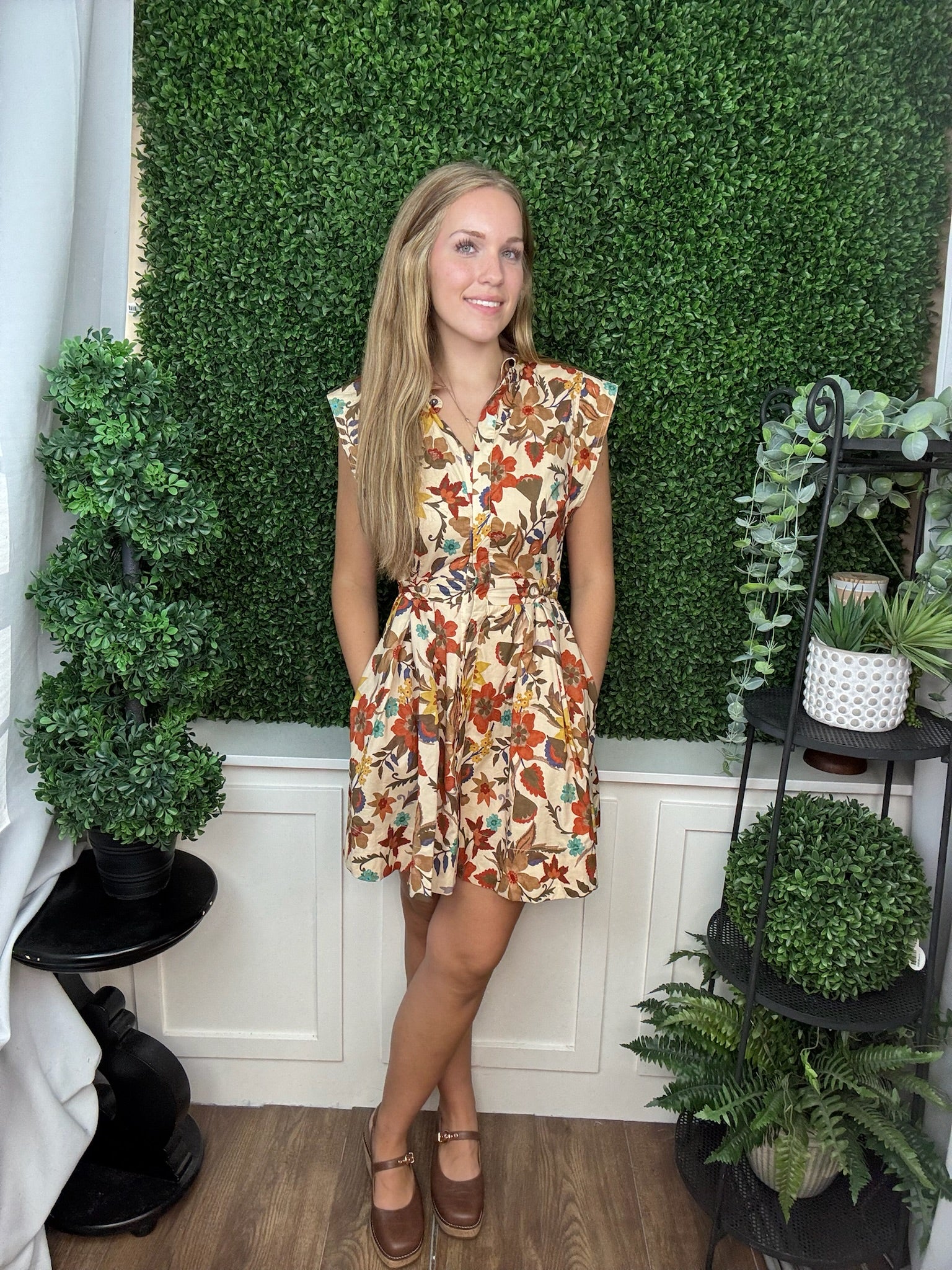 FLORAL TIE WAIST SHIRT DRESS - TAN