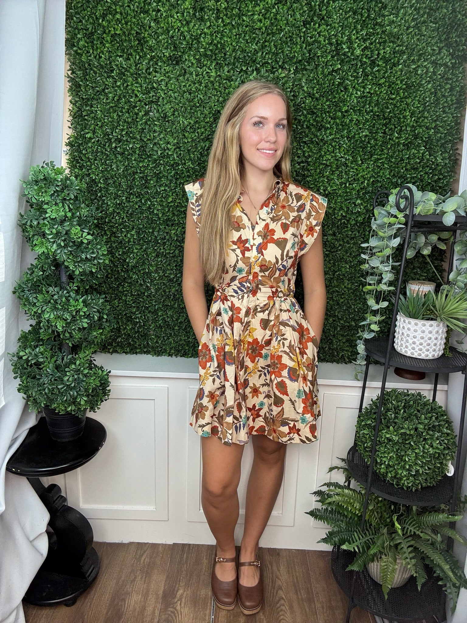 FLORAL TIE WAIST SHIRT DRESS - TAN