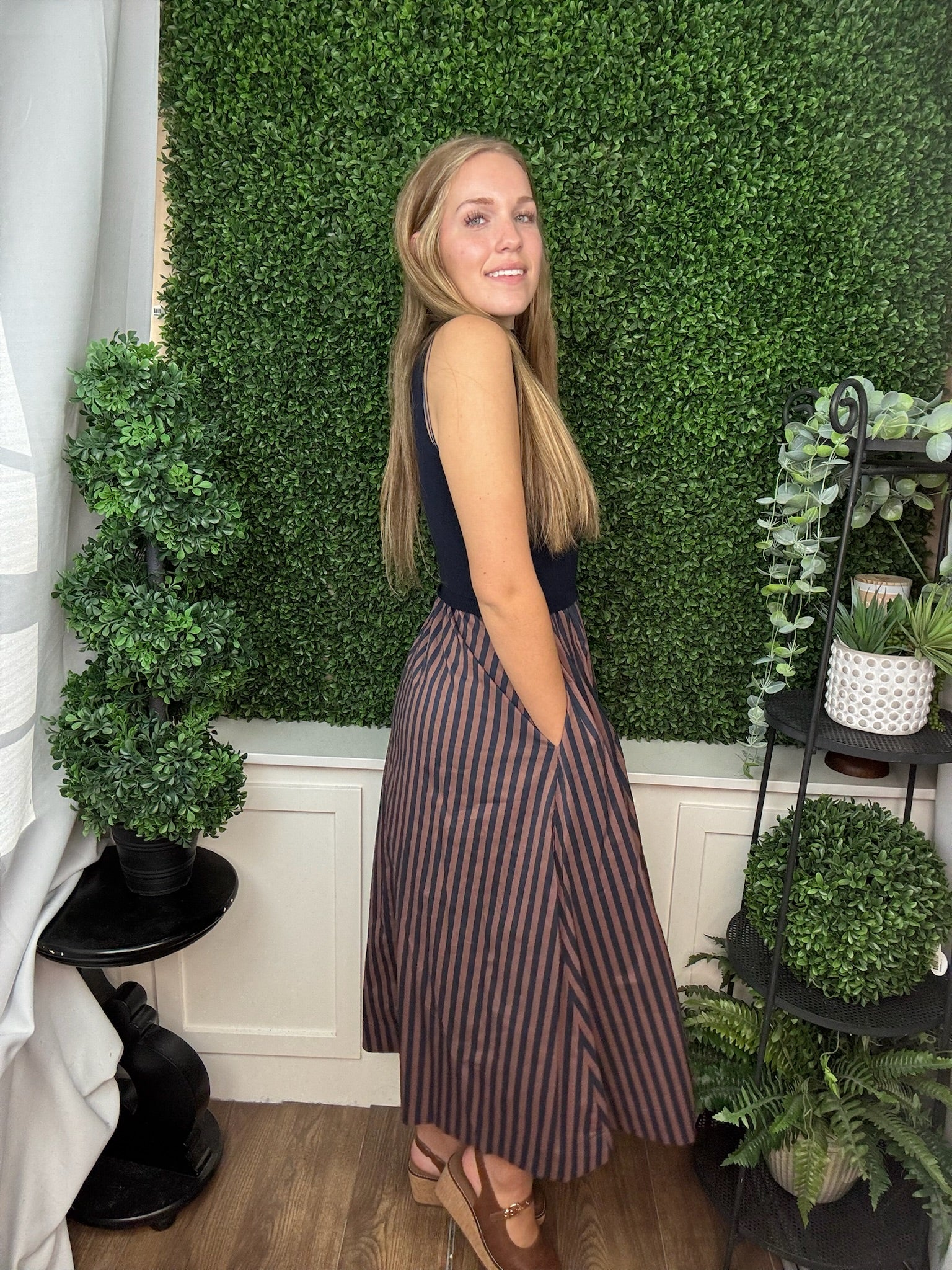 MIXED MEDIA STRIPED MIDI DRESS - NAVY