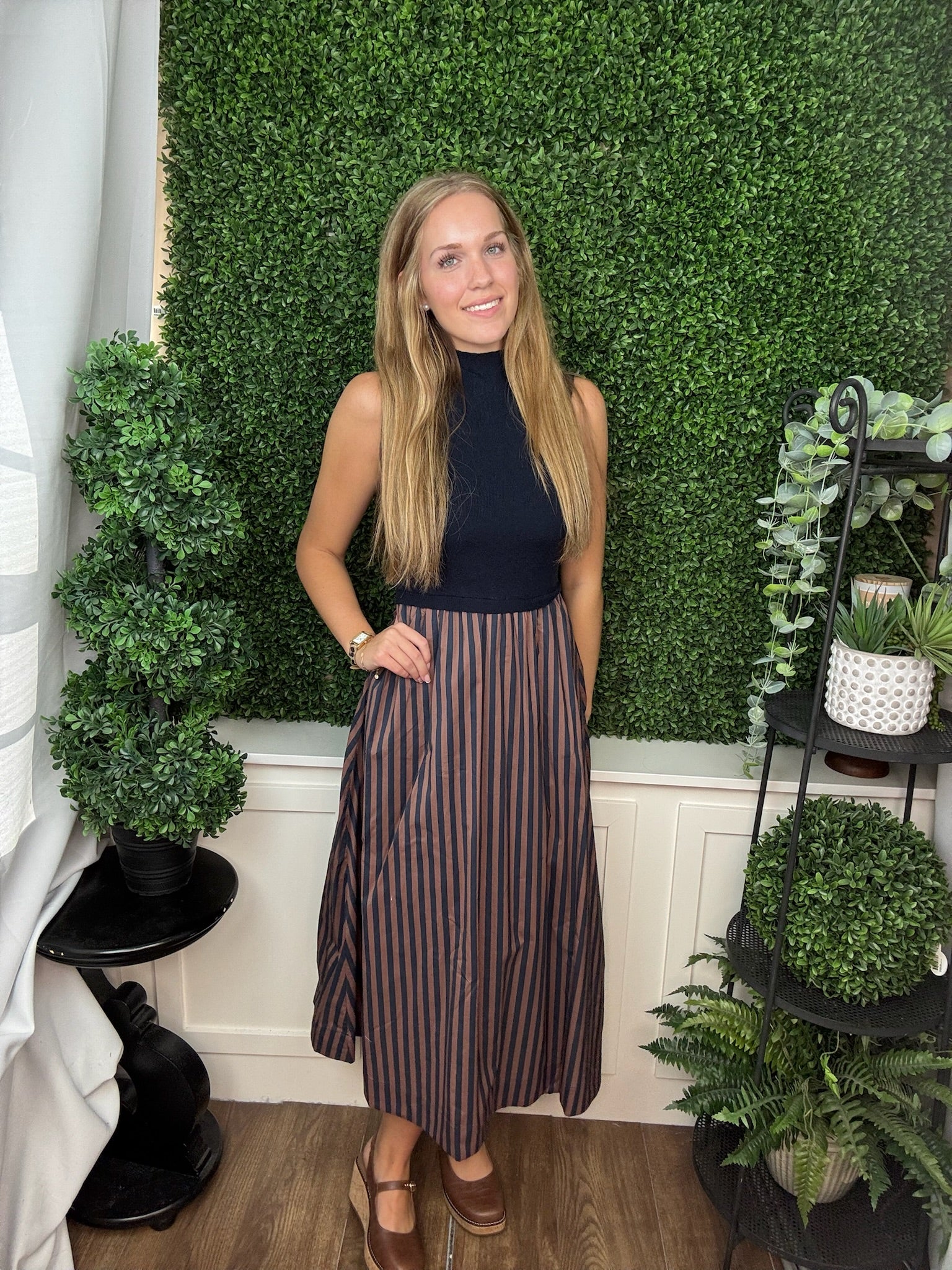 MIXED MEDIA STRIPED MIDI DRESS - NAVY