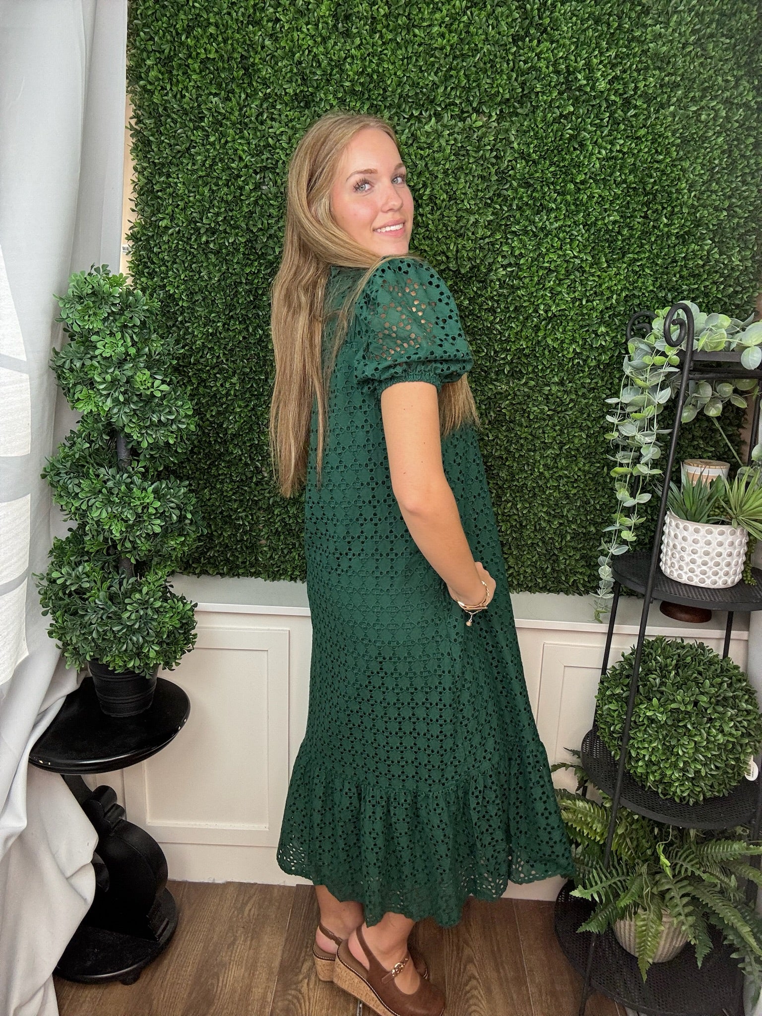 GEOMETRIC PRINT PUFF SLEEVE DRESS - HUNTER GREEN